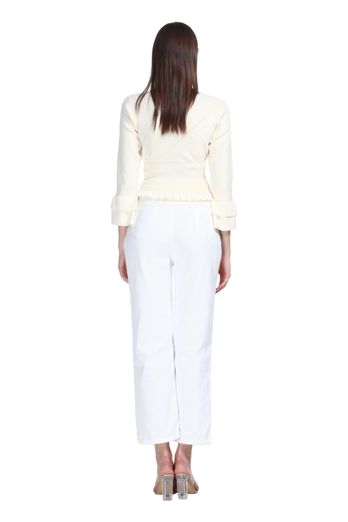 Crew Neck Long Sleeve Fruit Embroidery Buttons Knitted Short Cardigan