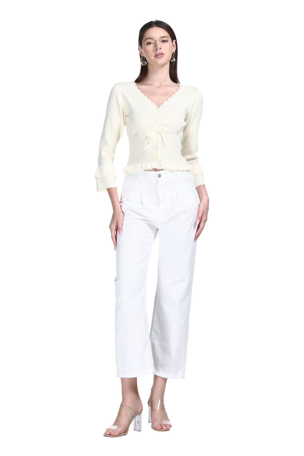 V-neck Long Sleeve Serrated Trim Ruffled Hem Pleated Knitted Cardigan