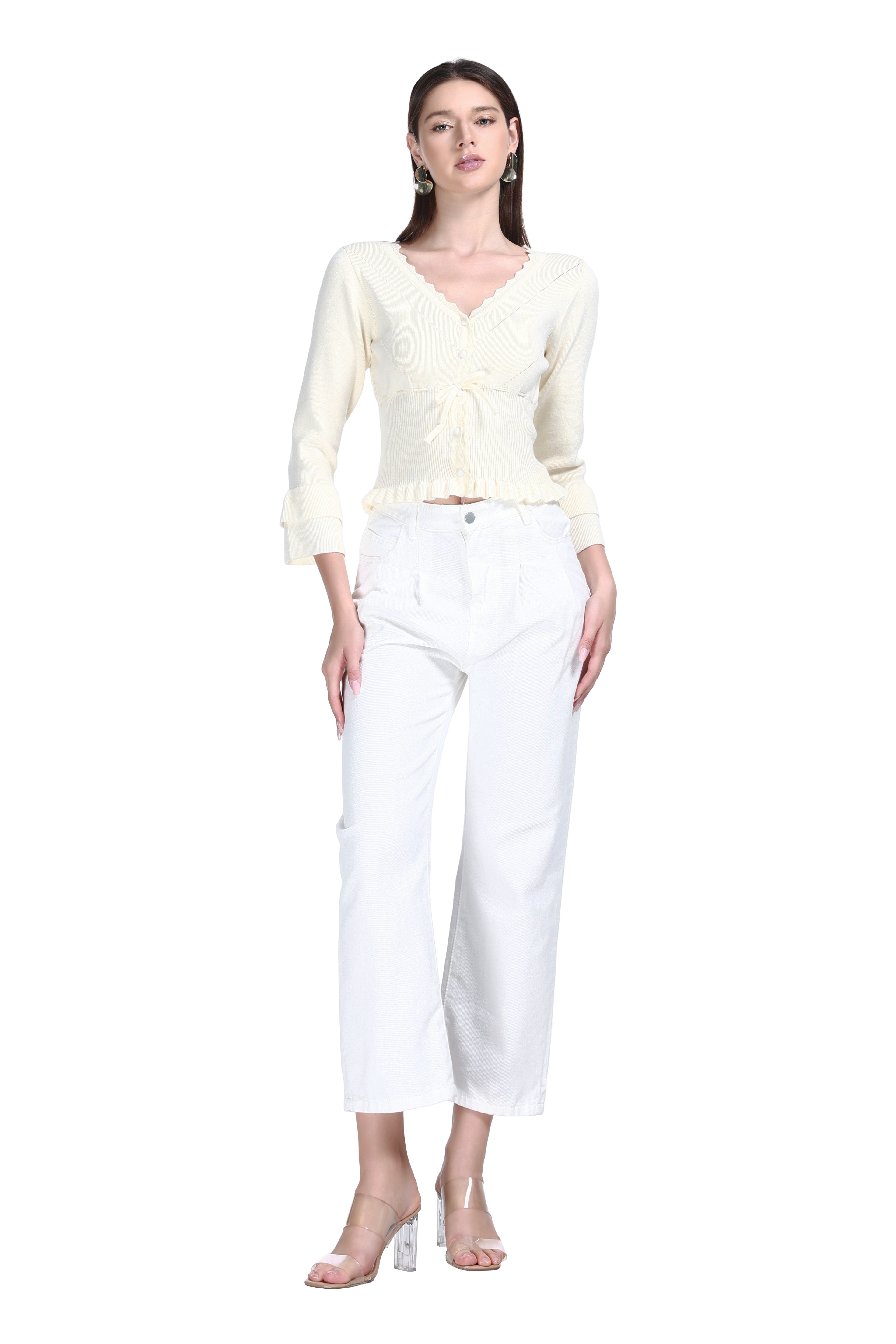 V-neck Long Sleeve Serrated Trim Ruffled Hem Pleated Knitted Cardigan