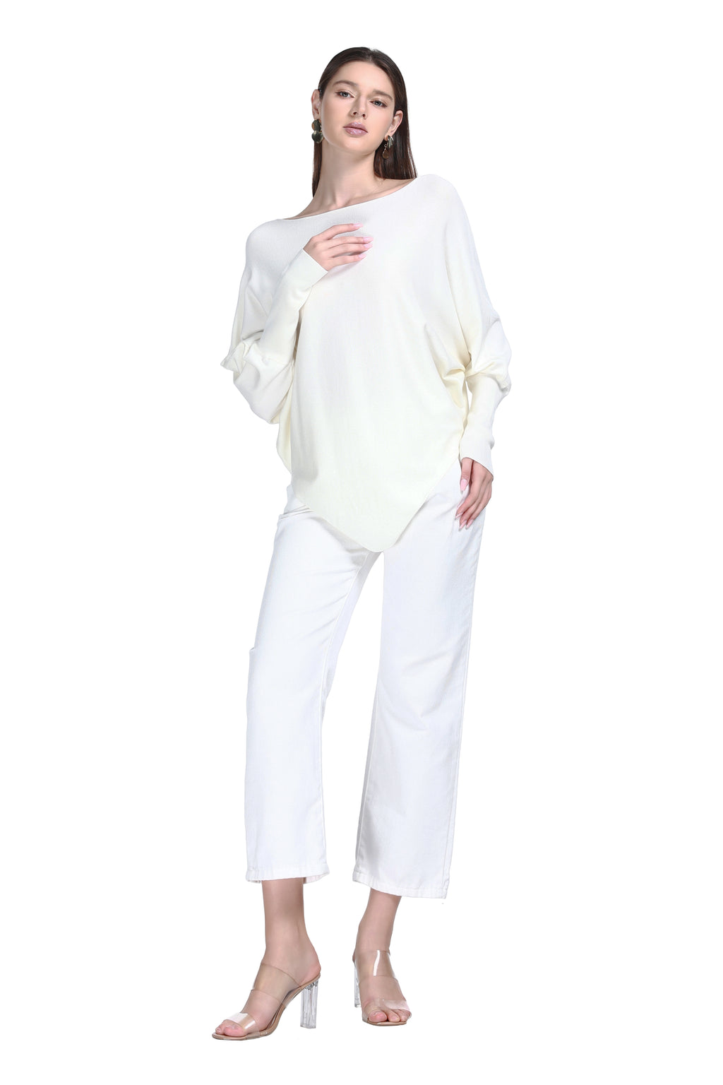 Boat Neck Batwing Long Sleeve Asymmetric Hem Knitted Top