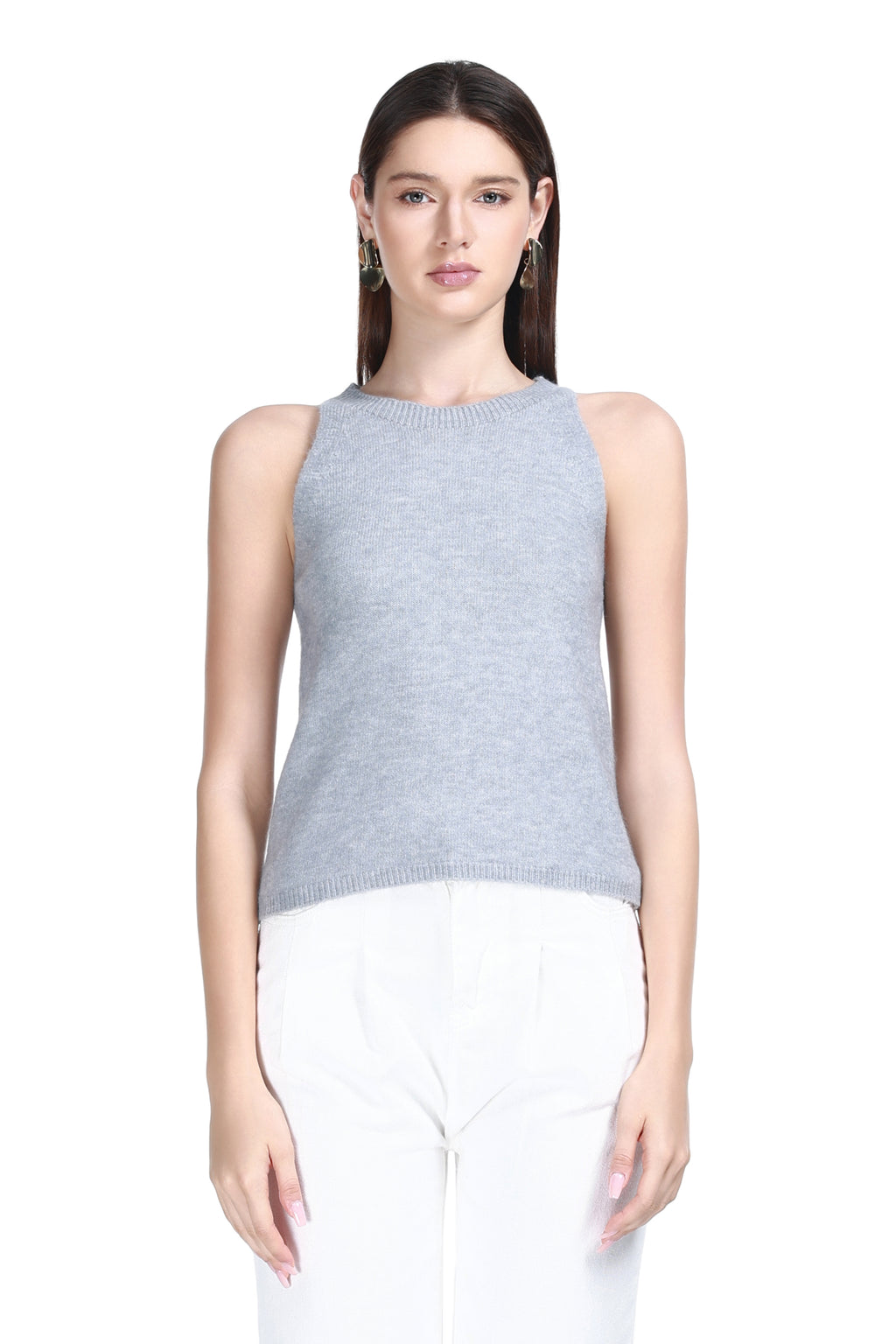 Crew Neck Sleeveless Ribbed Solid Relaxed Fit Knitted Tank Top