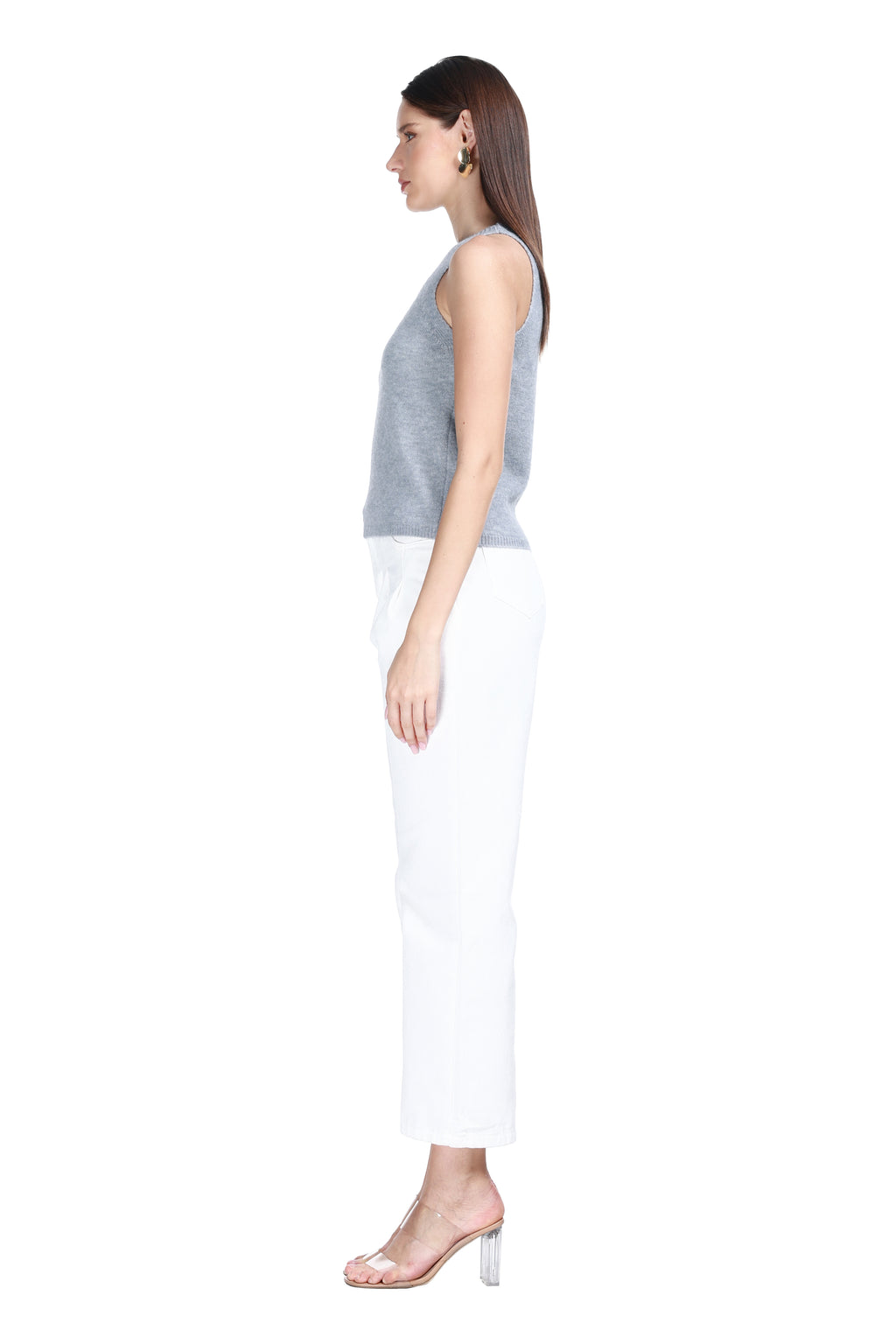 Crew Neck Sleeveless Ribbed Solid Relaxed Fit Knitted Tank Top
