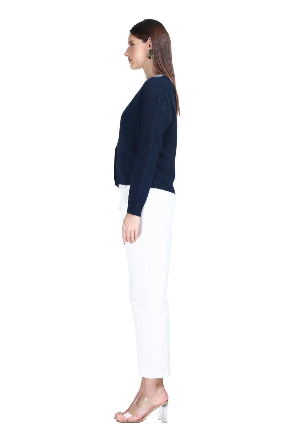 Deep V-neck Long Sleeves Buttons Placket Solid Knitted Cardigan