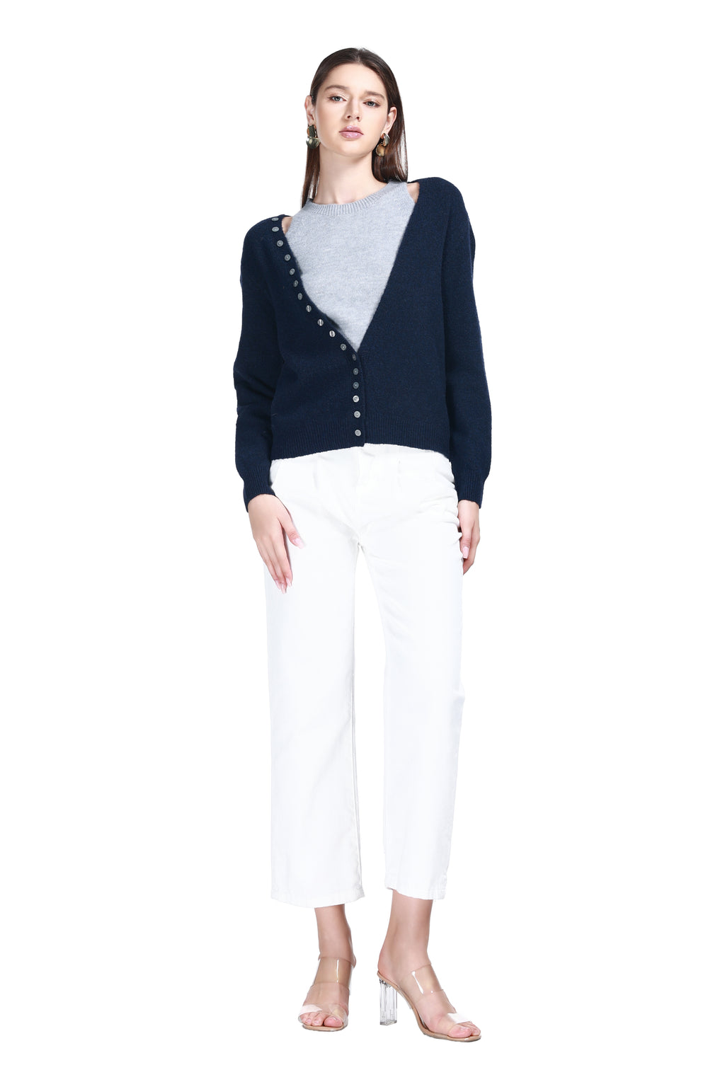 Deep V-neck Long Sleeves Buttons Placket Solid Knitted Cardigan