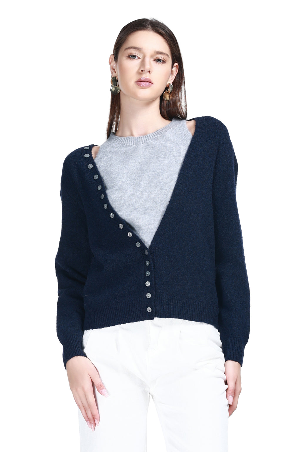 Deep V-neck Long Sleeves Buttons Placket Solid Knitted Cardigan