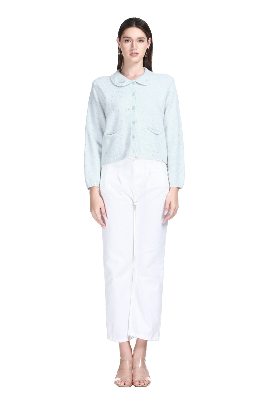 Peter Pan Collar Long Sleeves Tonal Buttons Speckled Texture Knitted Cardigan