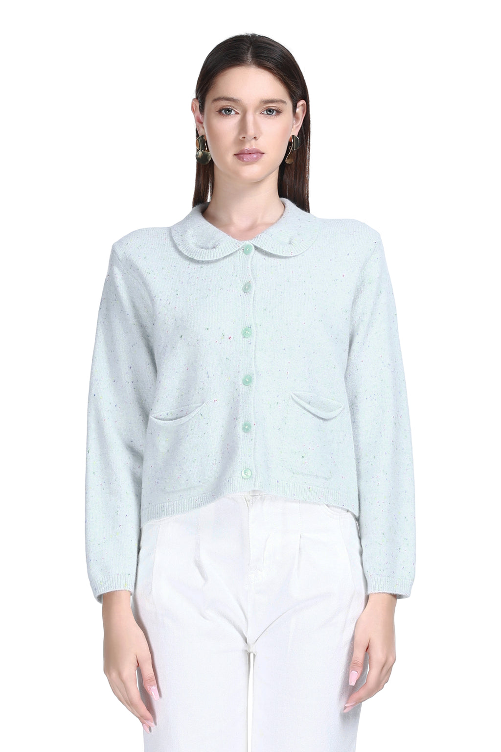 Peter Pan Collar Long Sleeves Tonal Buttons Speckled Texture Knitted Cardigan