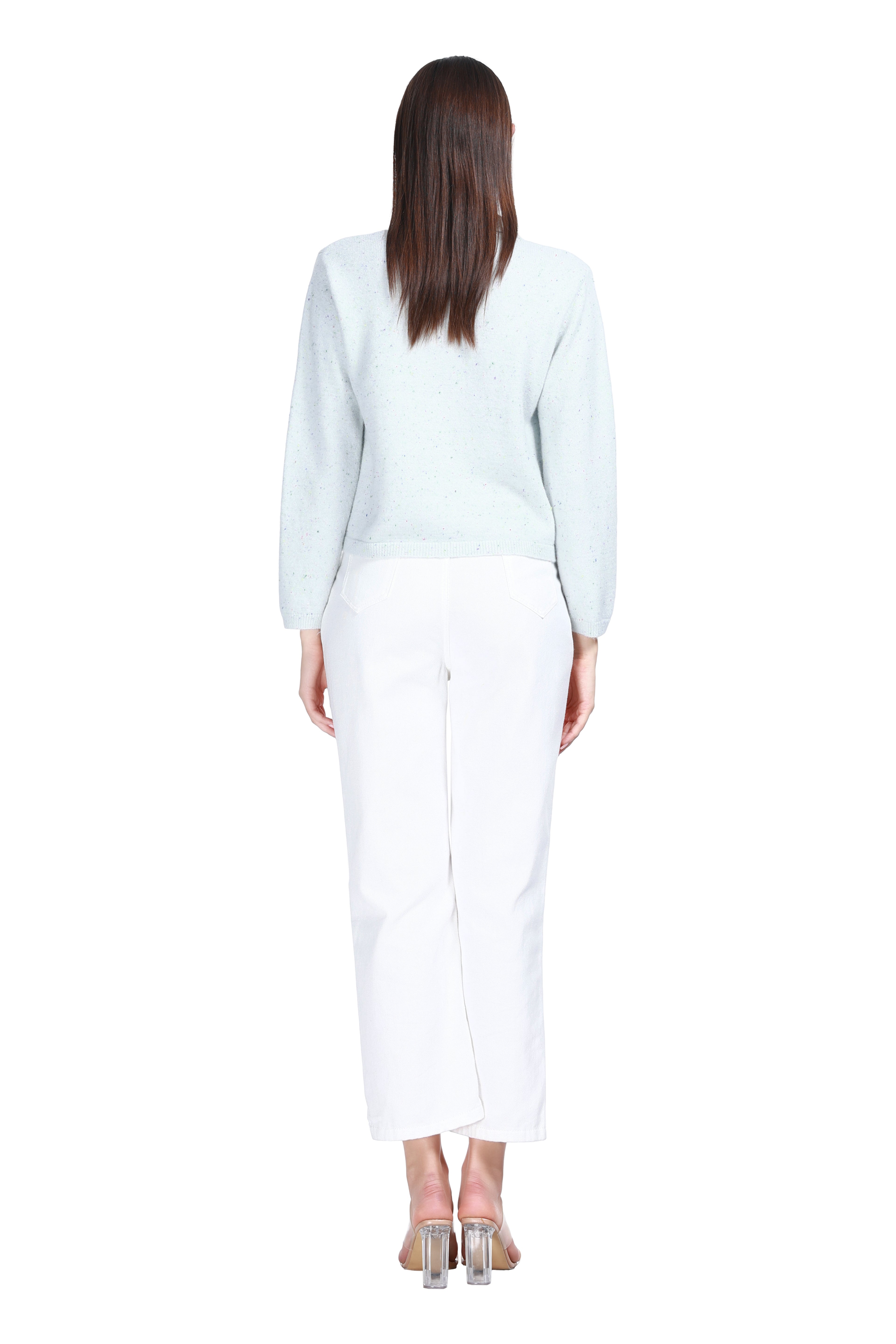 Peter Pan Collar Long Sleeves Tonal Buttons Speckled Texture Knitted Cardigan