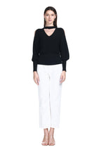 V-neck Choker Collar Cinched Waist Gold Threaded Knitted Top