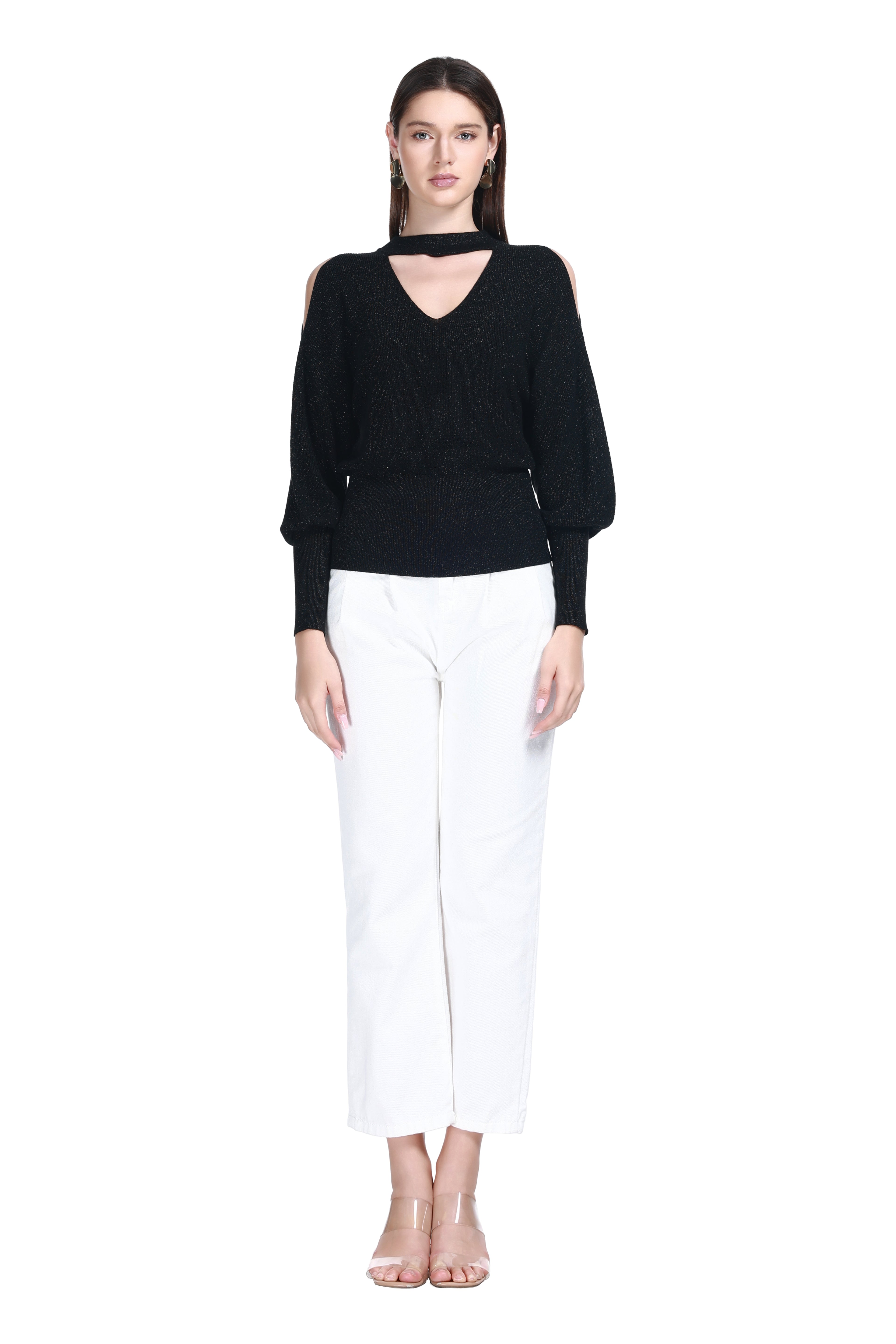 V-neck Choker Collar Cinched Waist Gold Threaded Knitted Top