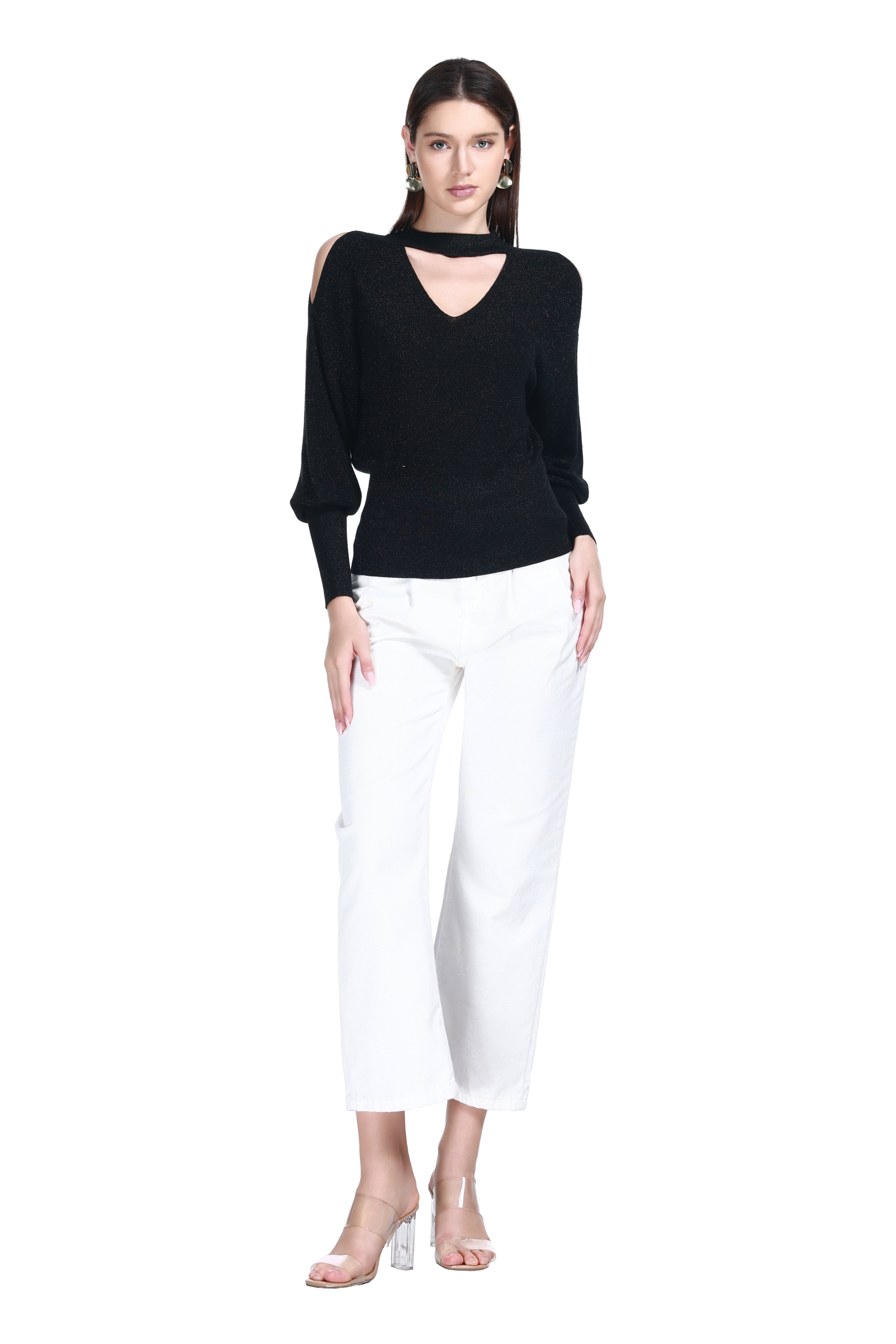 V-neck Choker Collar Cinched Waist Gold Threaded Knitted Top