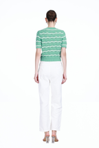 Crew-neck Short Sleeve Wavy Stripes Hollow-out Covered Buttons Knitted Cardigan