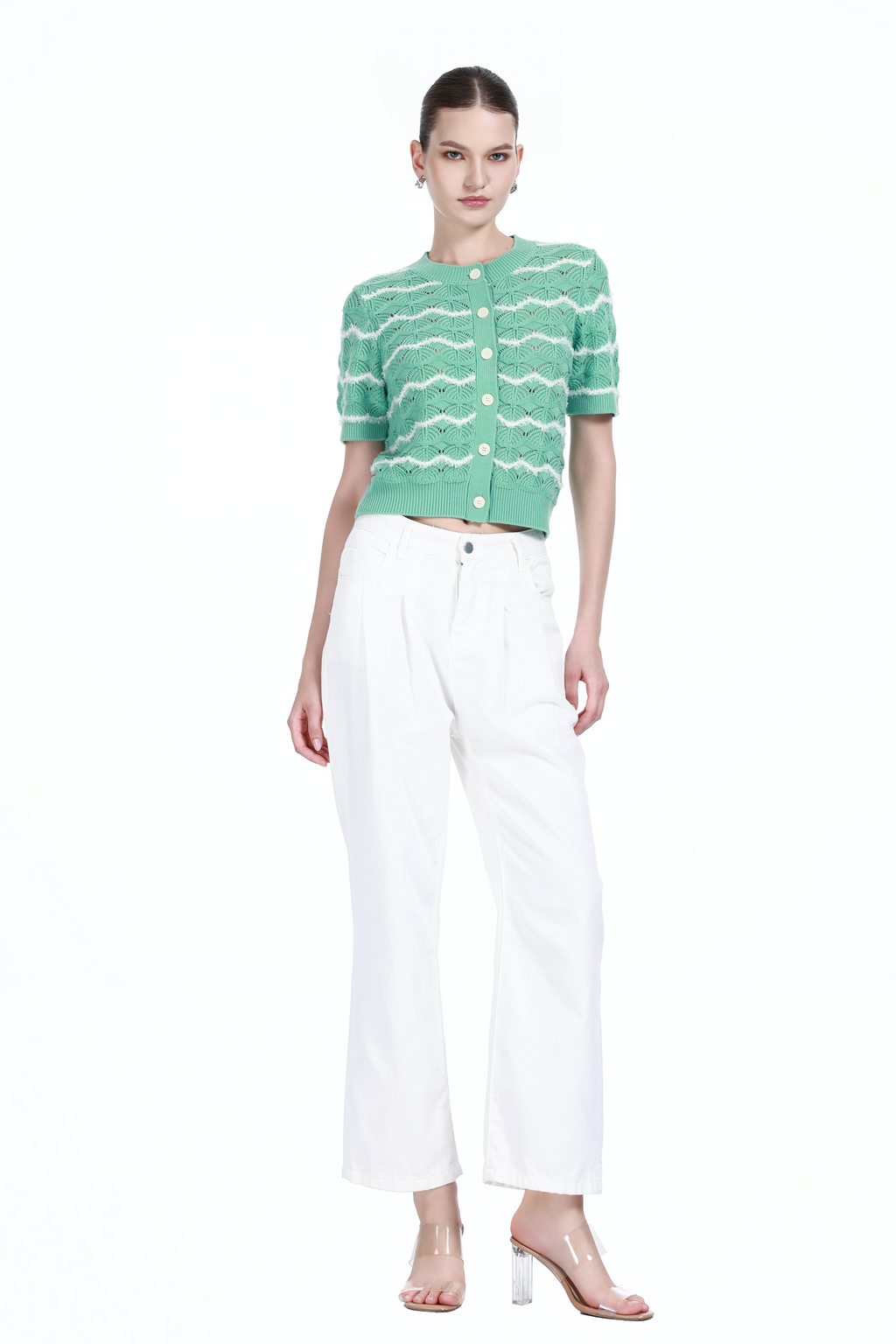 Crew-neck Short Sleeve Wavy Stripes Hollow-out Covered Buttons Knitted Cardigan