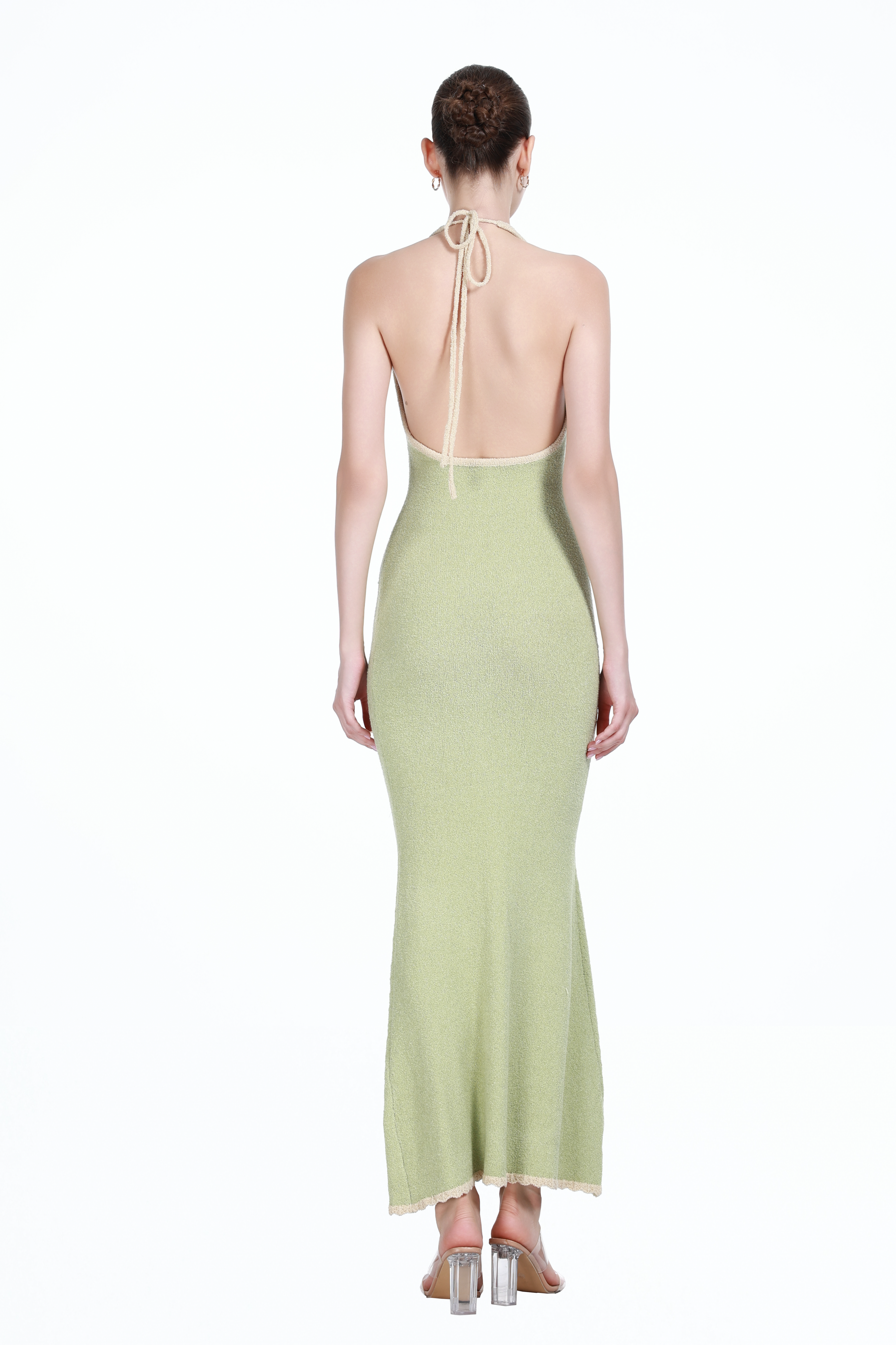 Lace-up V-neck Contrast Trim Sleeveless Backless Mermaid Knitted Maxi Dress