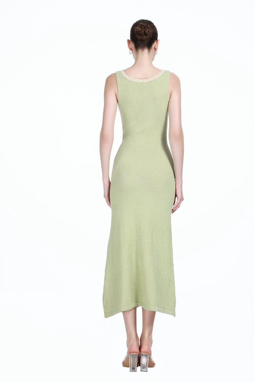 Boat Neck Contrast Trim Sleeveless A-line Gown Knitted Maxi Dress