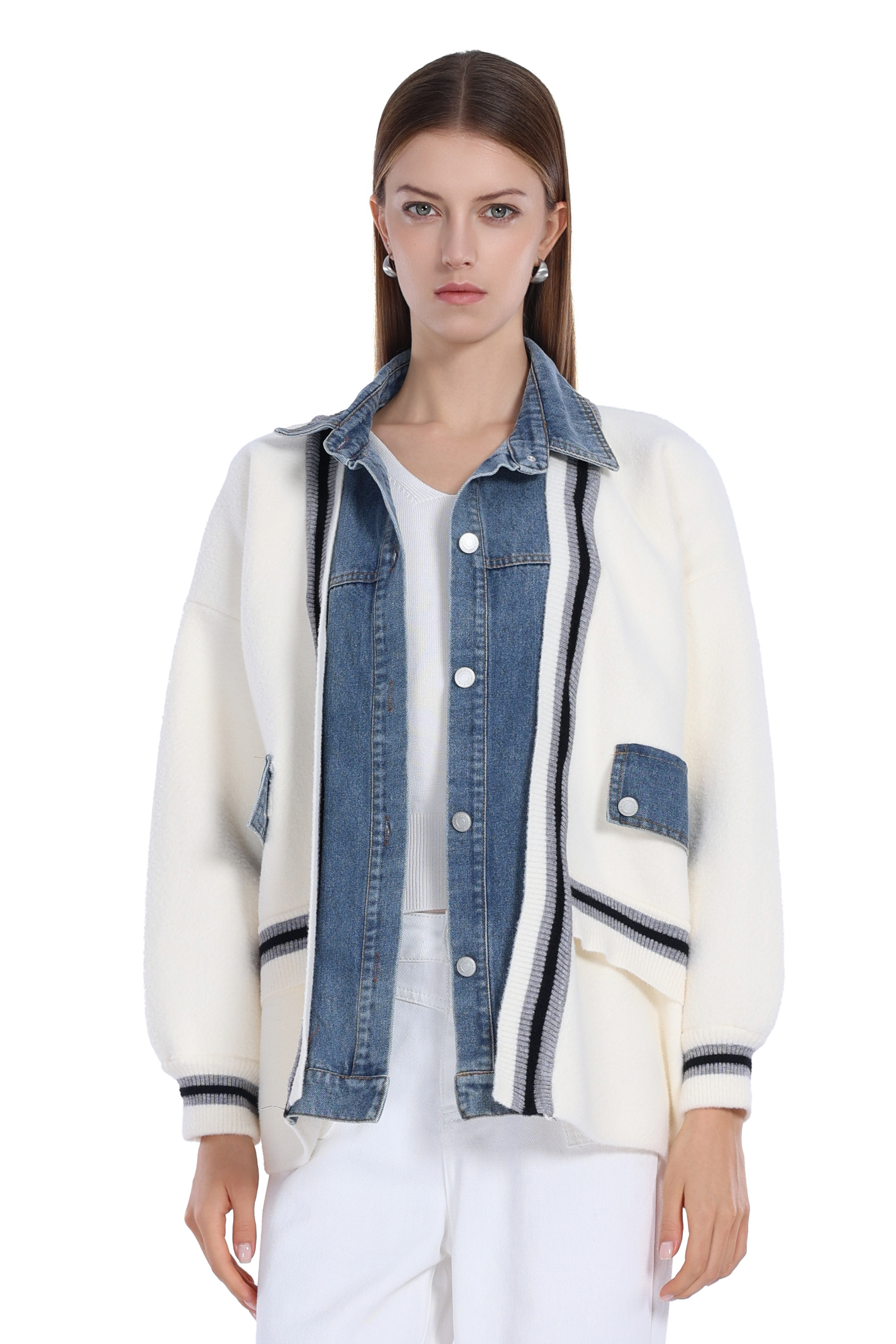 Denim-Paneled Contrast Stitching Button Placket Jacket