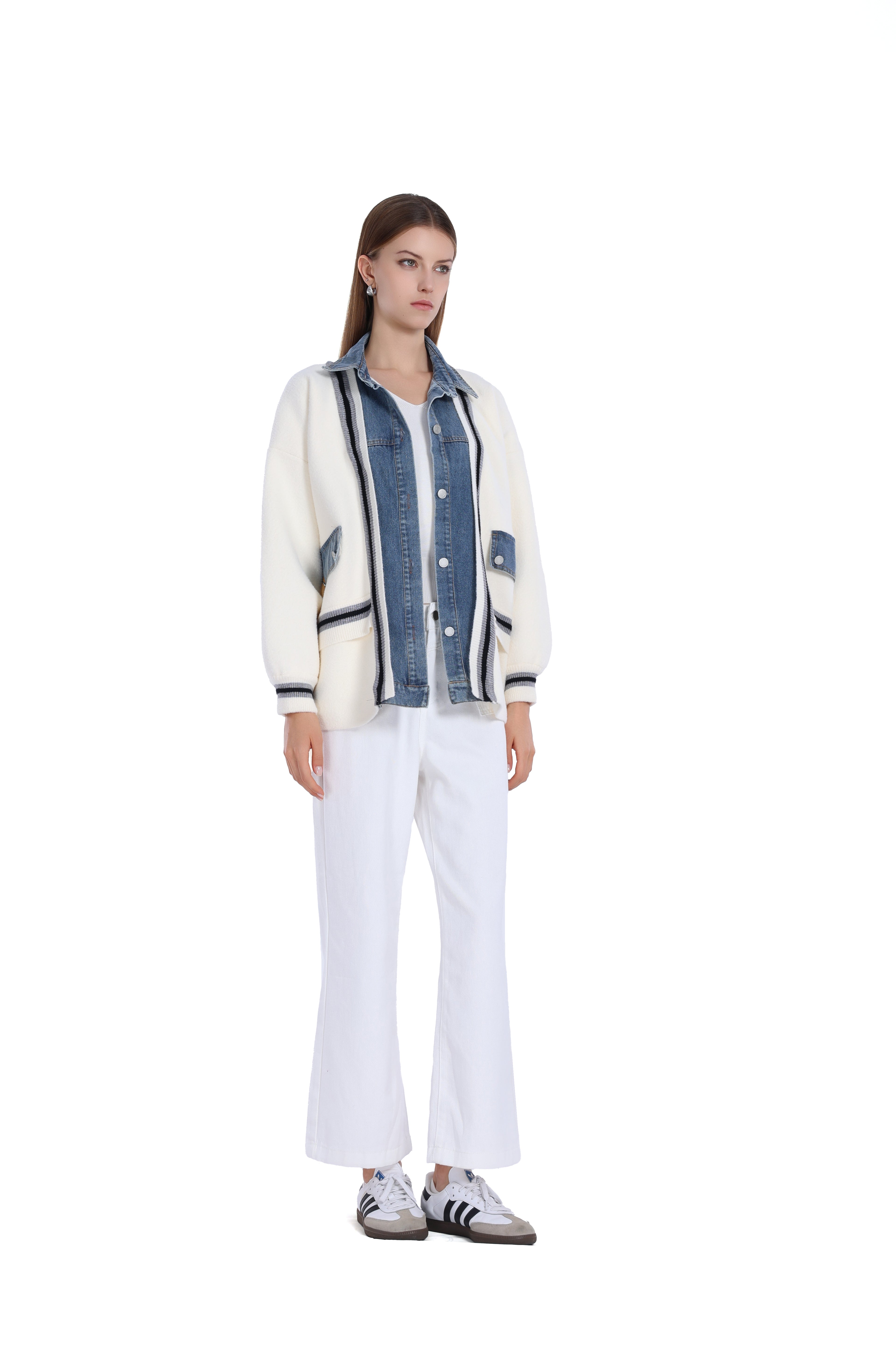 Denim-Paneled Contrast Stitching Button Placket Jacket
