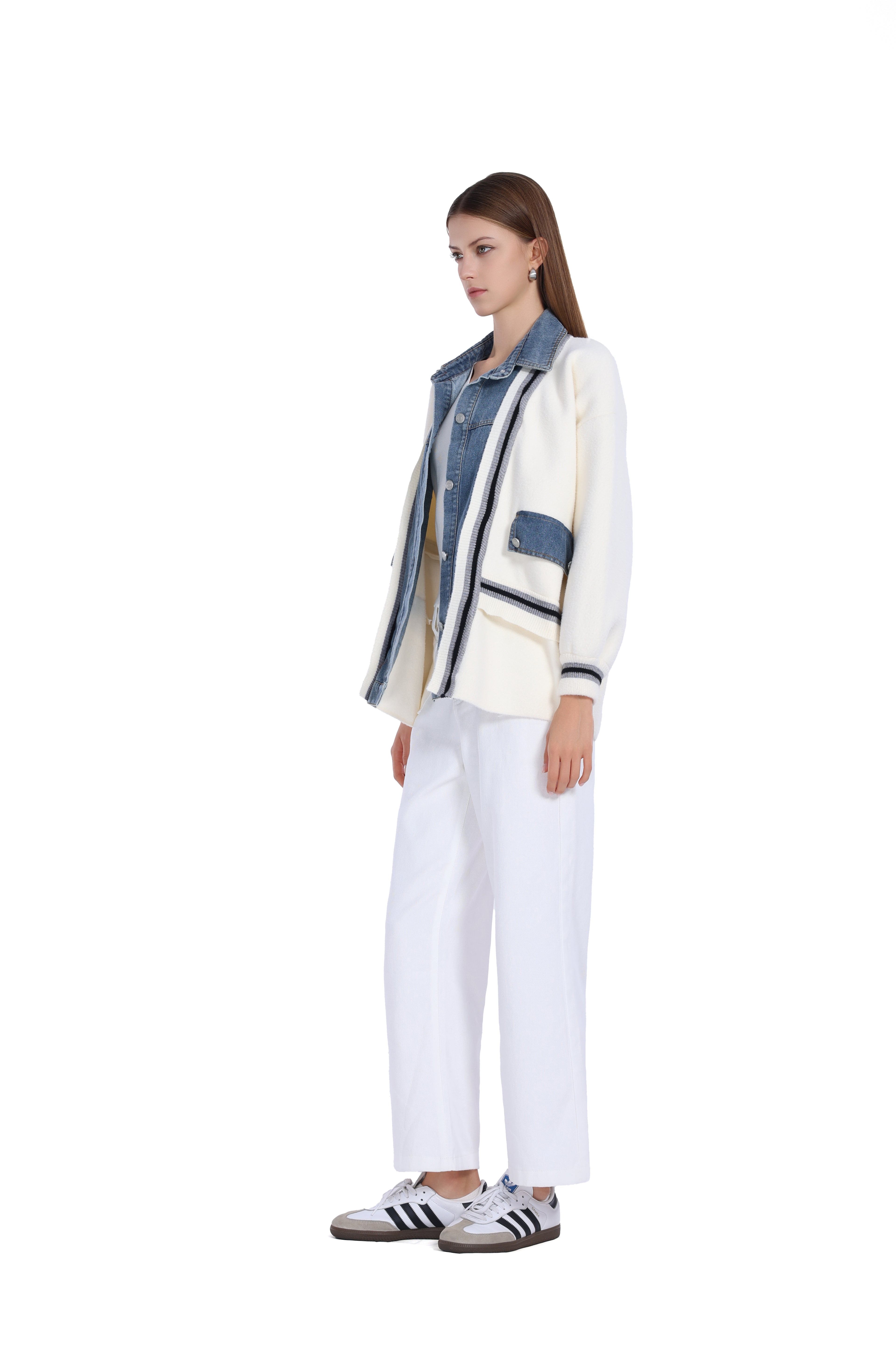 Denim-Paneled Contrast Stitching Button Placket Jacket