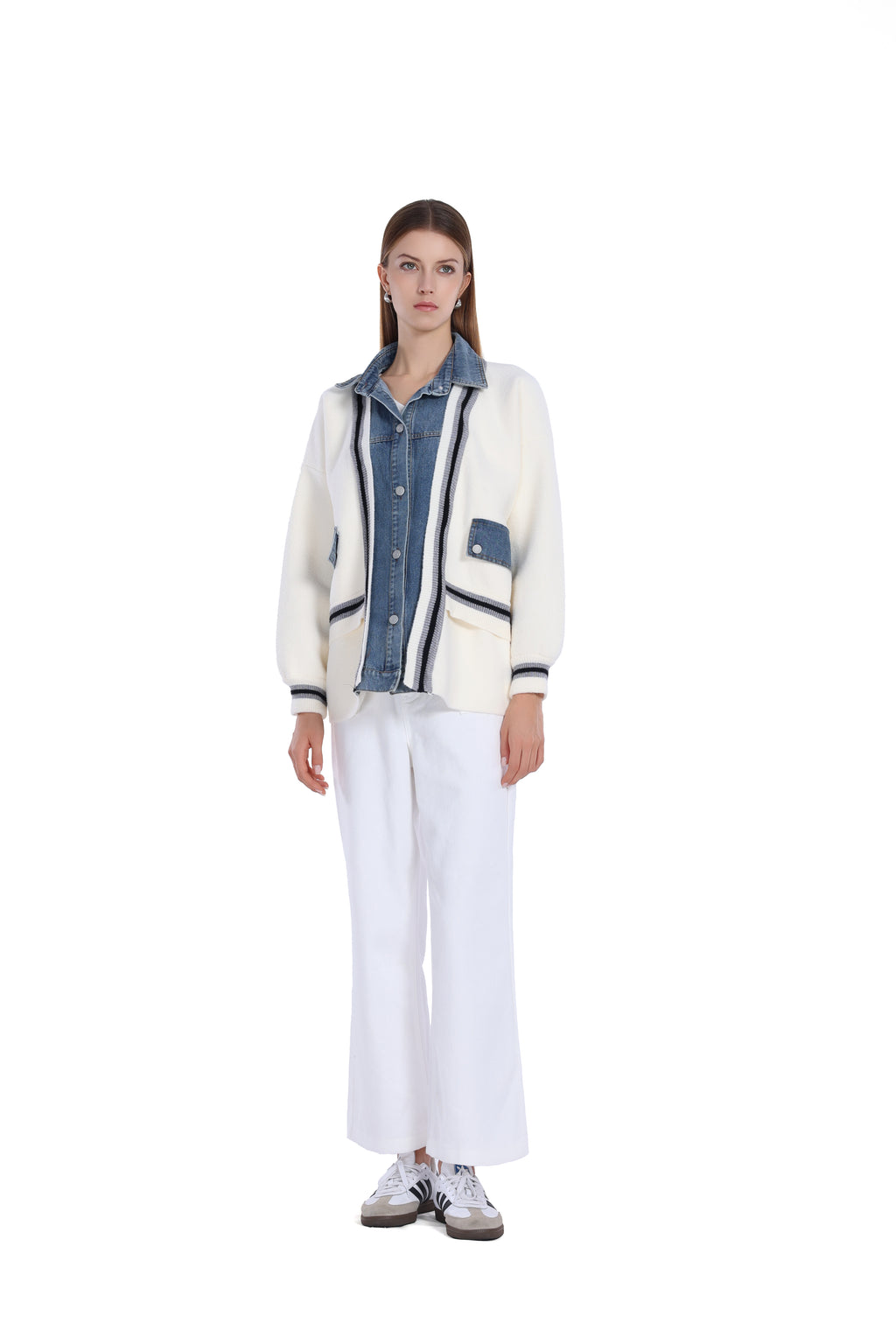 Denim-Paneled Contrast Stitching Button Placket Jacket