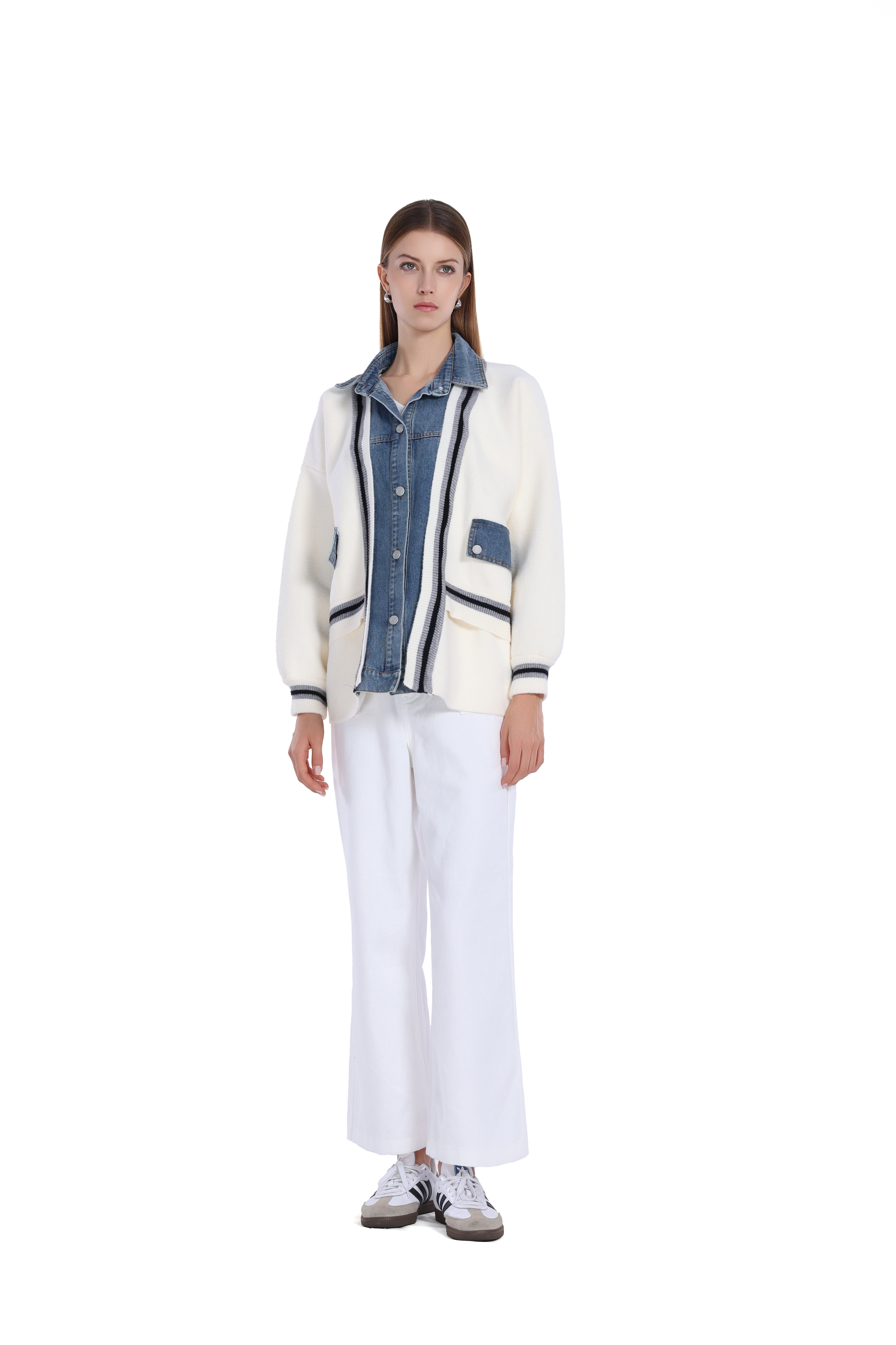 Denim-Paneled Contrast Stitching Button Placket Jacket