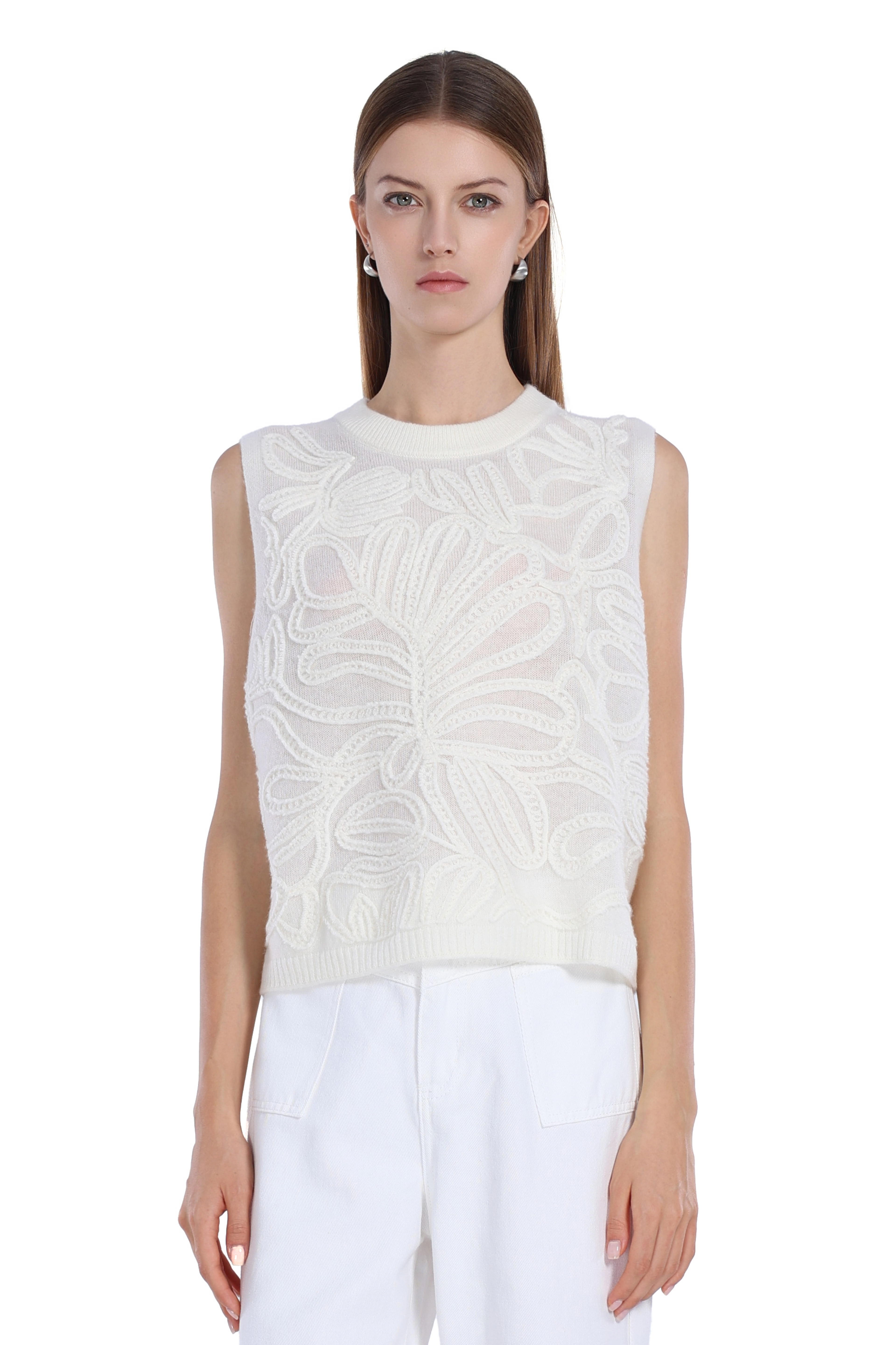 Sleeveless Crew Neck 3D Floral Embroidery Knitted Top