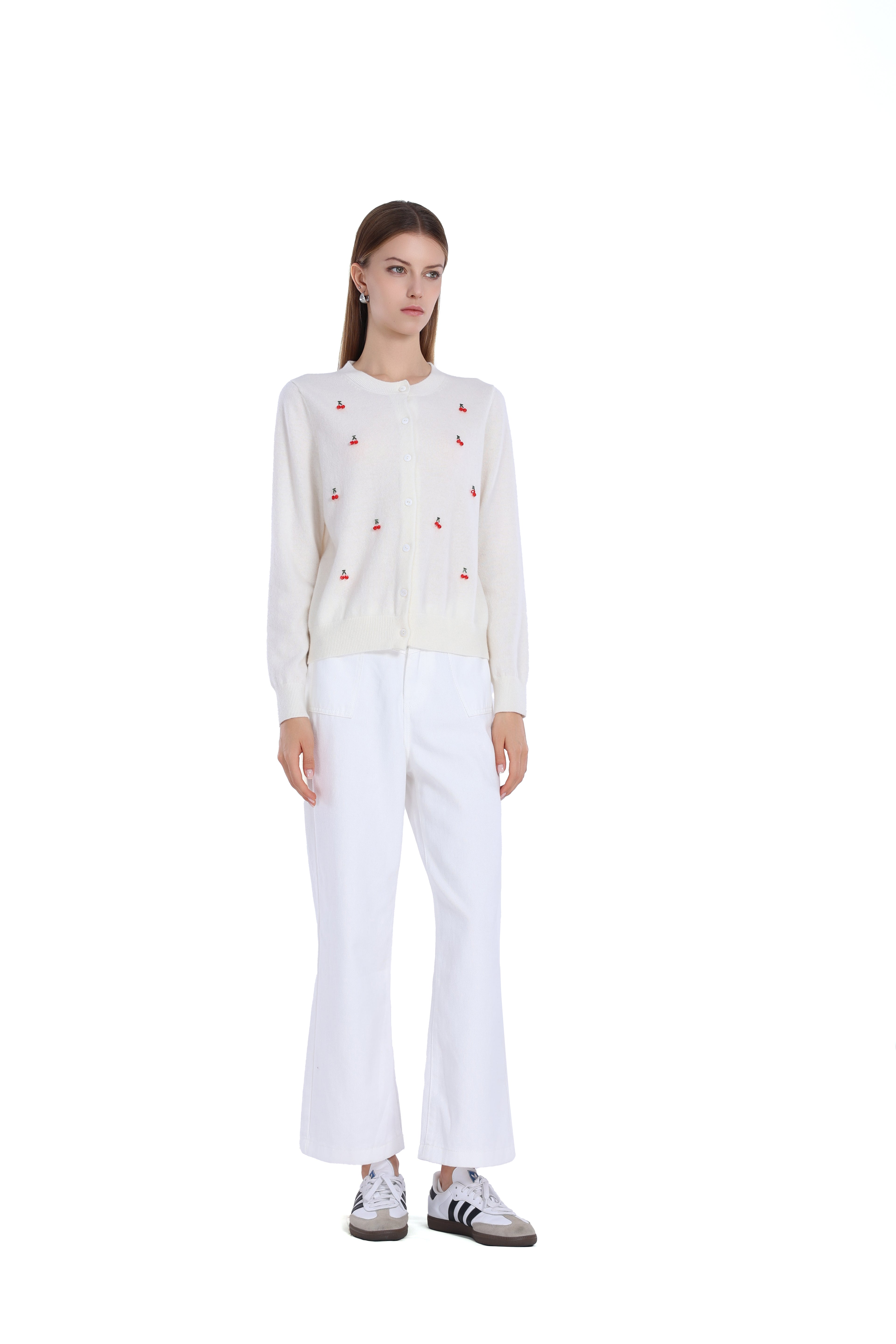 3D Cherry Decoration Button Long Sleeve Round Neck Knitted Cardigan