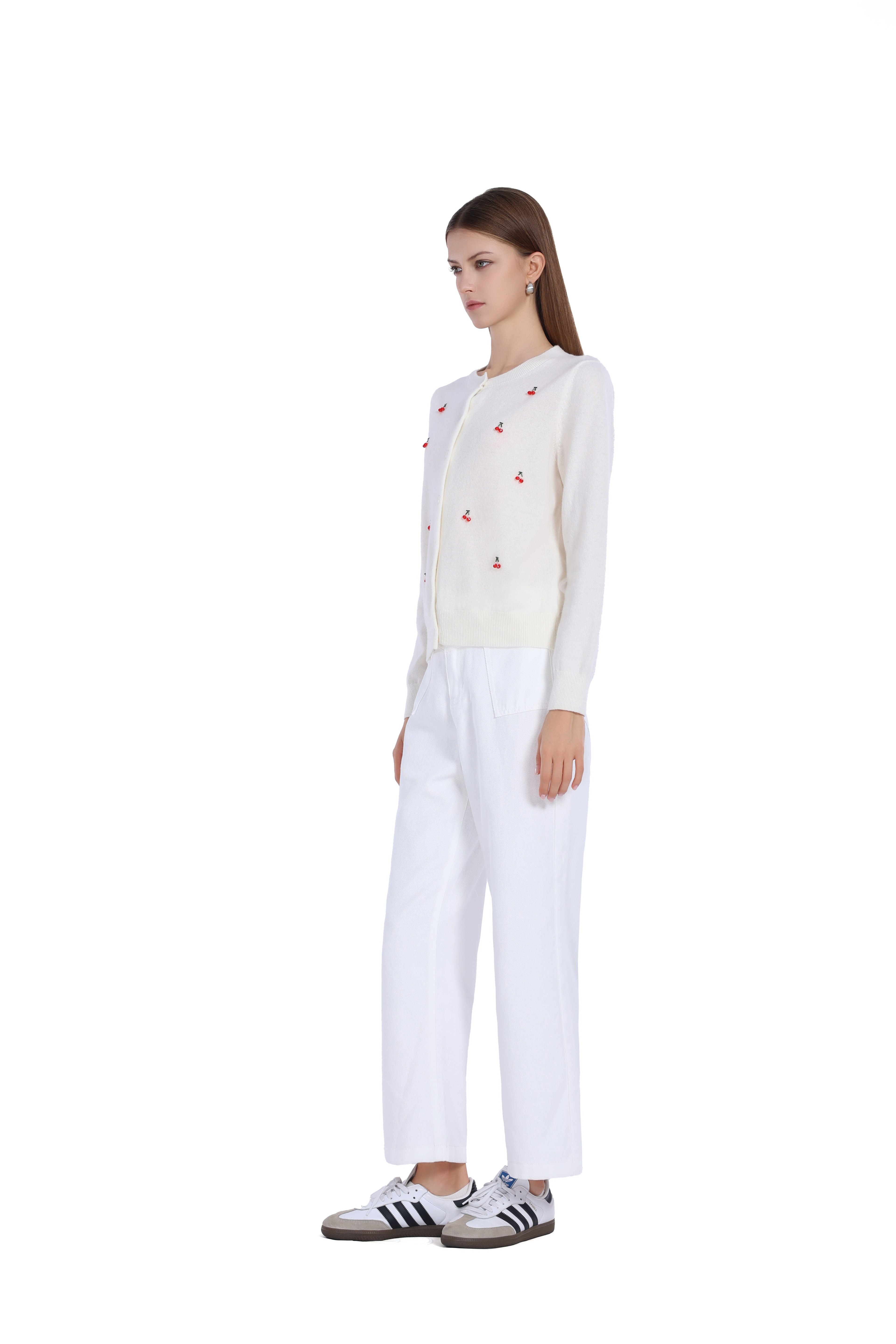 3D Cherry Decoration Button Long Sleeve Round Neck Knitted Cardigan