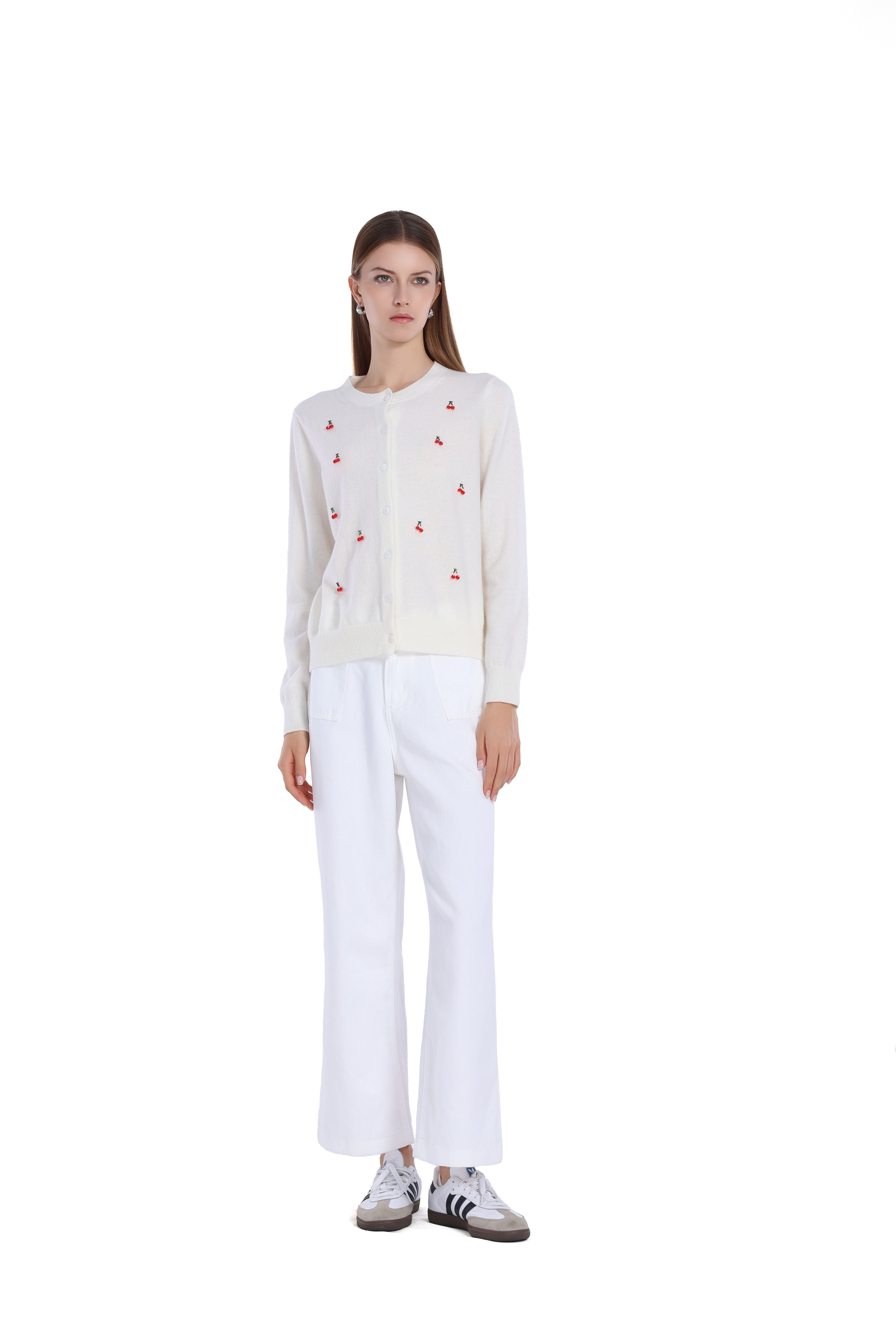 3D Cherry Decoration Button Long Sleeve Round Neck Knitted Cardigan