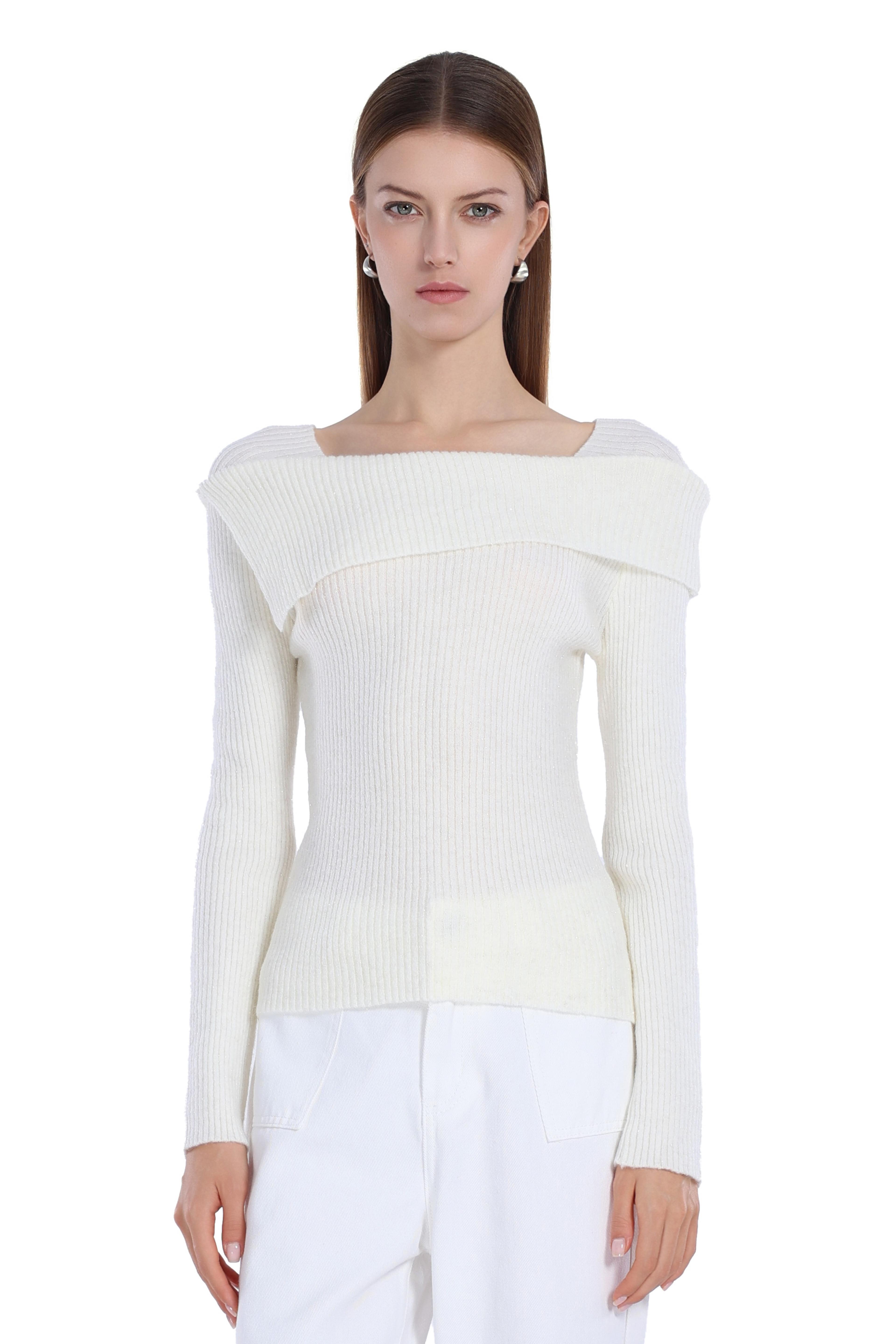 Boat Neck Long Sleeve Asymmetric Turn-down Collar Knitted Top