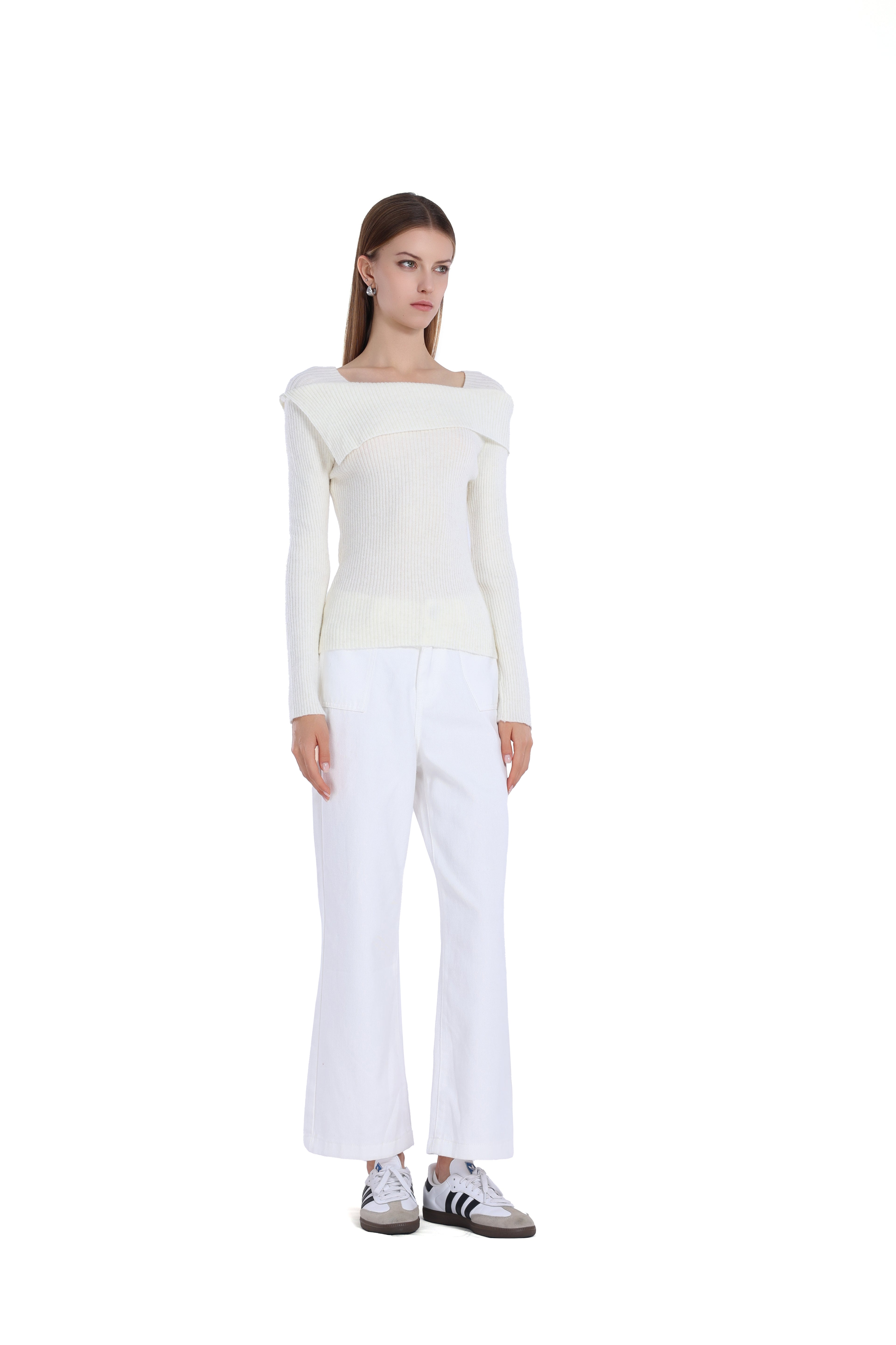 Boat Neck Long Sleeve Asymmetric Turn-down Collar Knitted Top