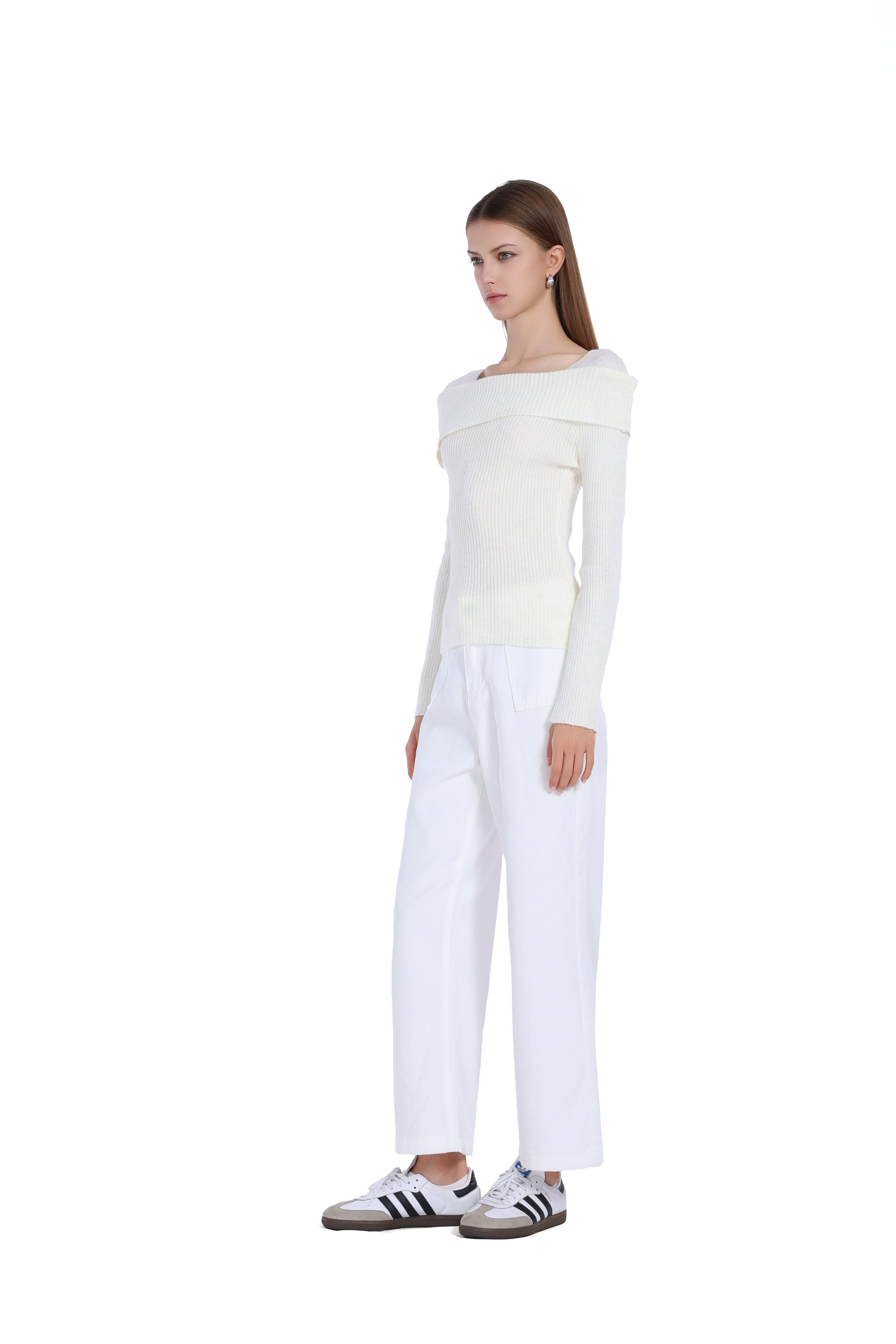 Boat Neck Long Sleeve Asymmetric Turn-down Collar Knitted Top