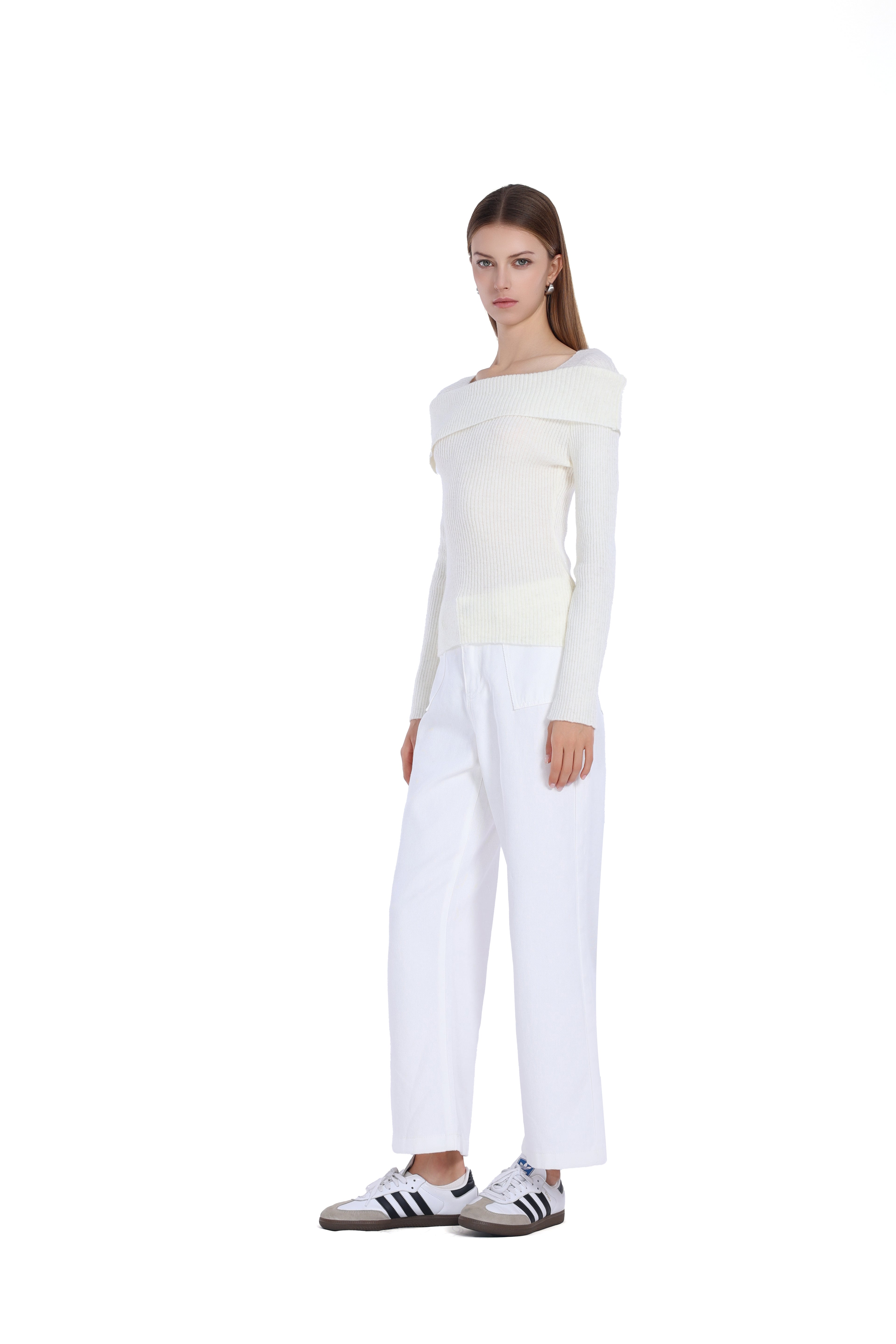 Boat Neck Long Sleeve Asymmetric Turn-down Collar Knitted Top