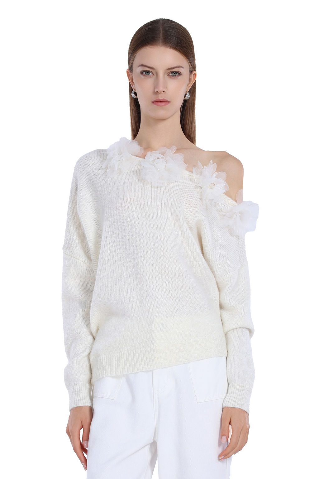 3D Floral Appliques Ribbed One-shoulder Long-sleeve Knitted Top
