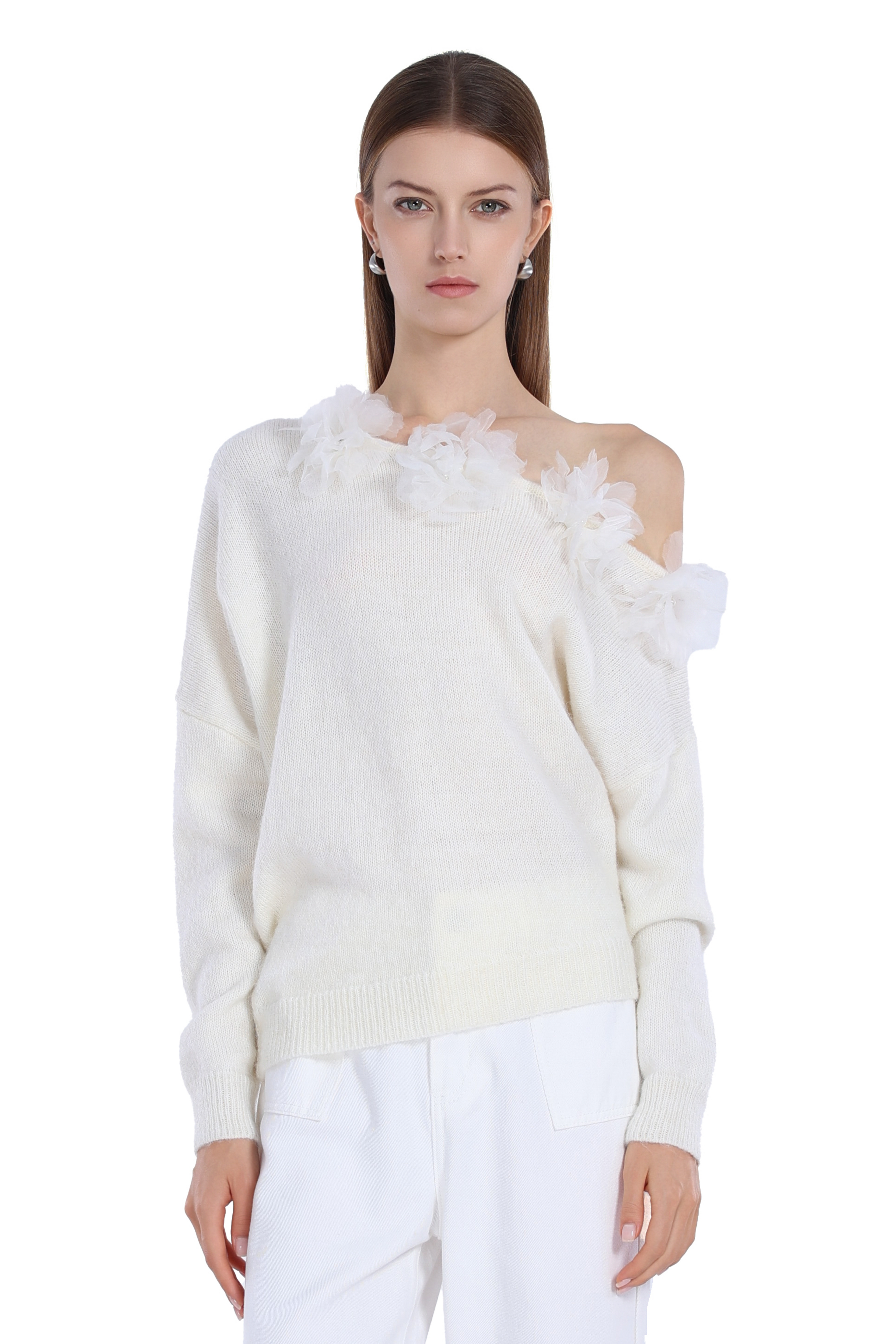 3D Floral Appliques Ribbed One-shoulder Long-sleeve Knitted Top