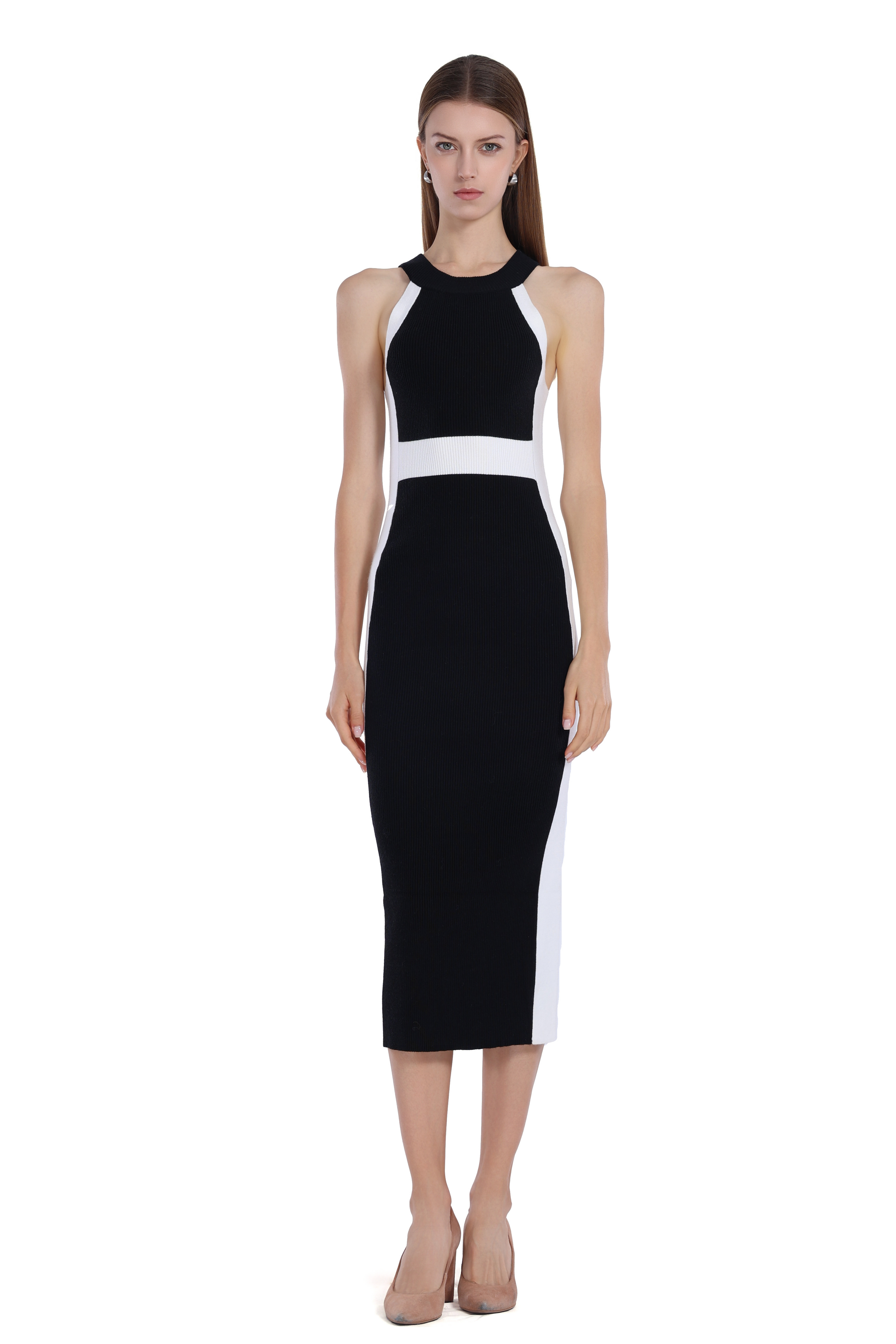 Sleeveless Crew-neck Black&White Paneled Bodycon Dress