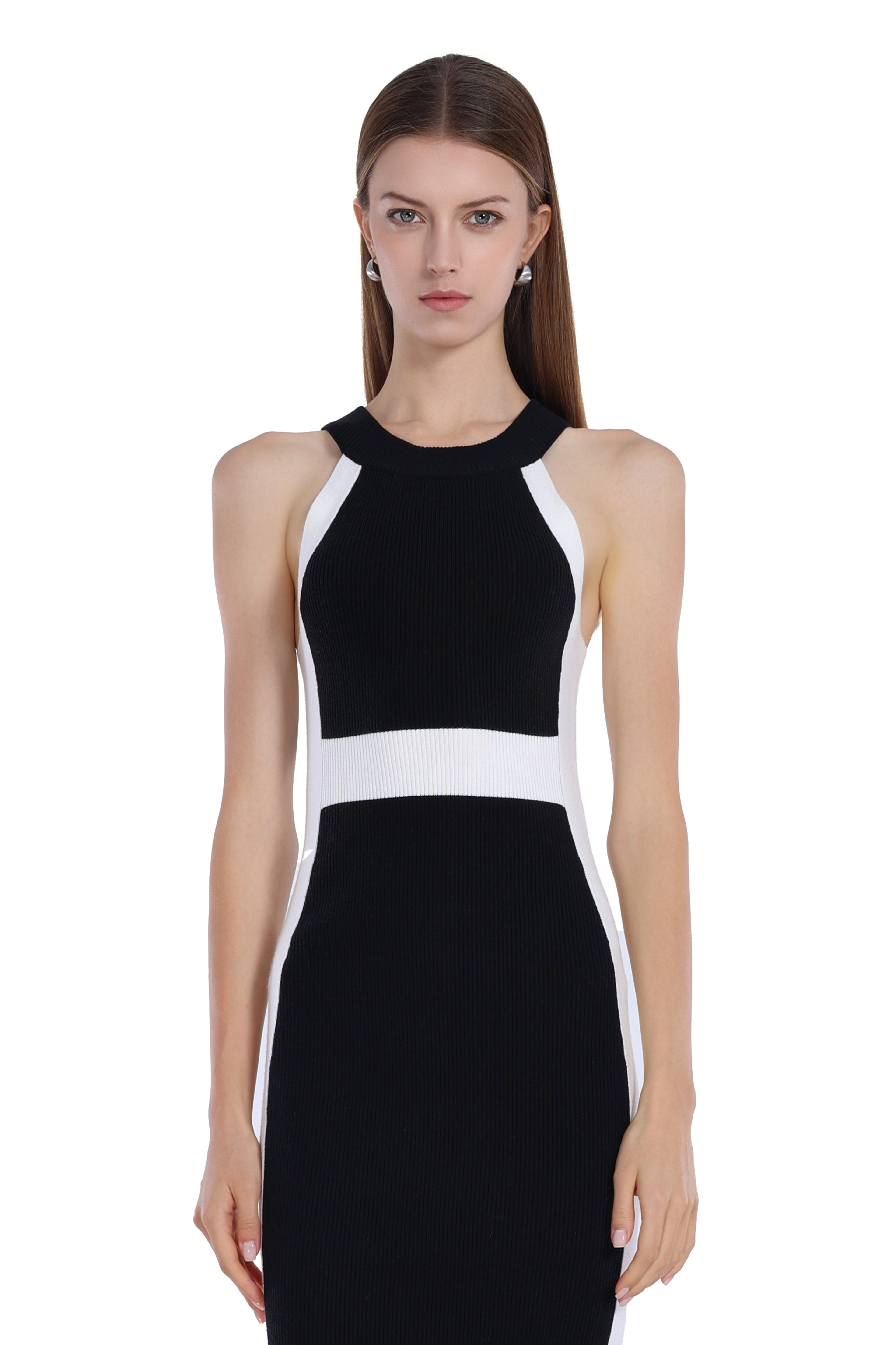 Sleeveless Crew-neck Black&White Paneled Bodycon Dress