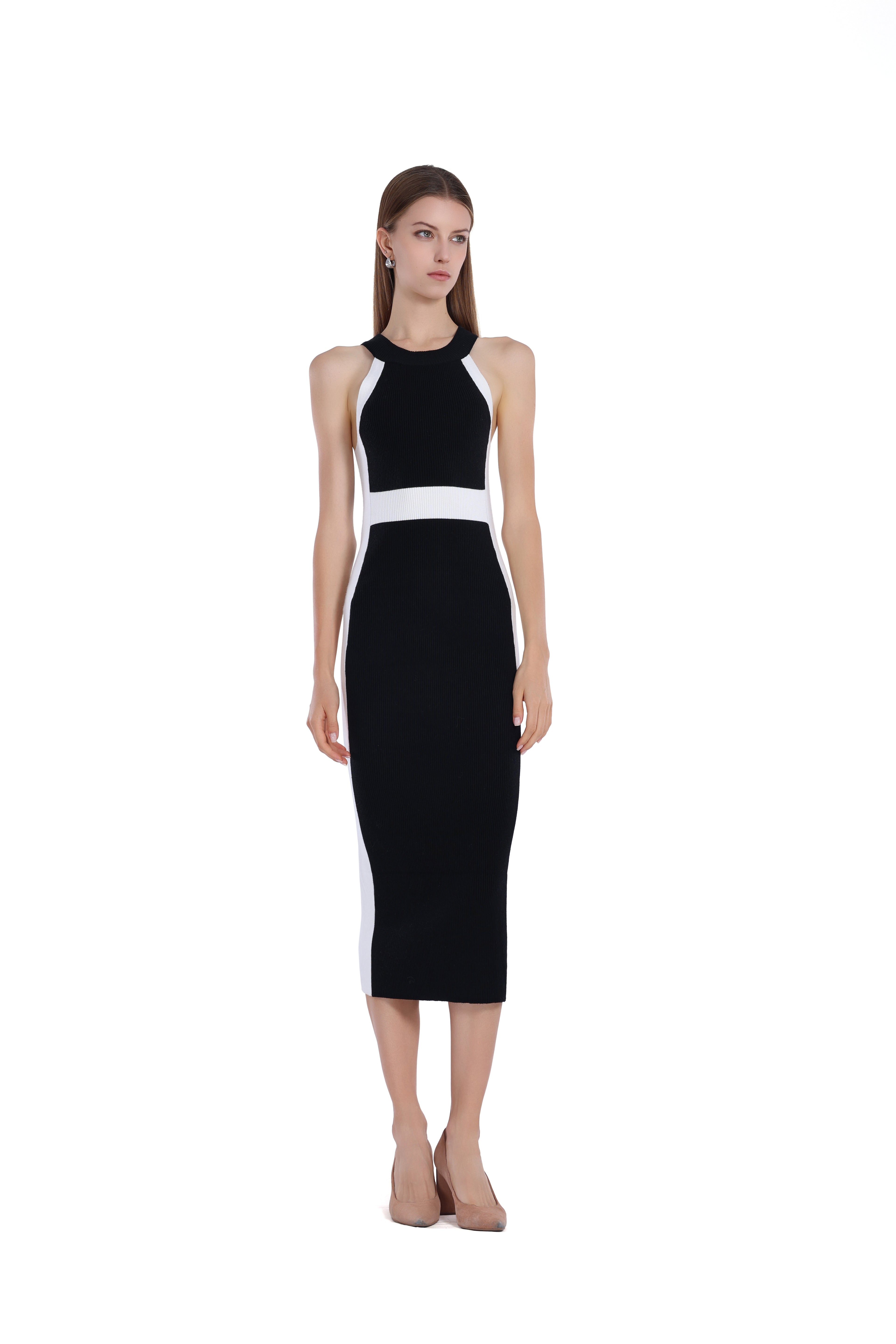 Sleeveless Crew-neck Black&White Paneled Bodycon Dress