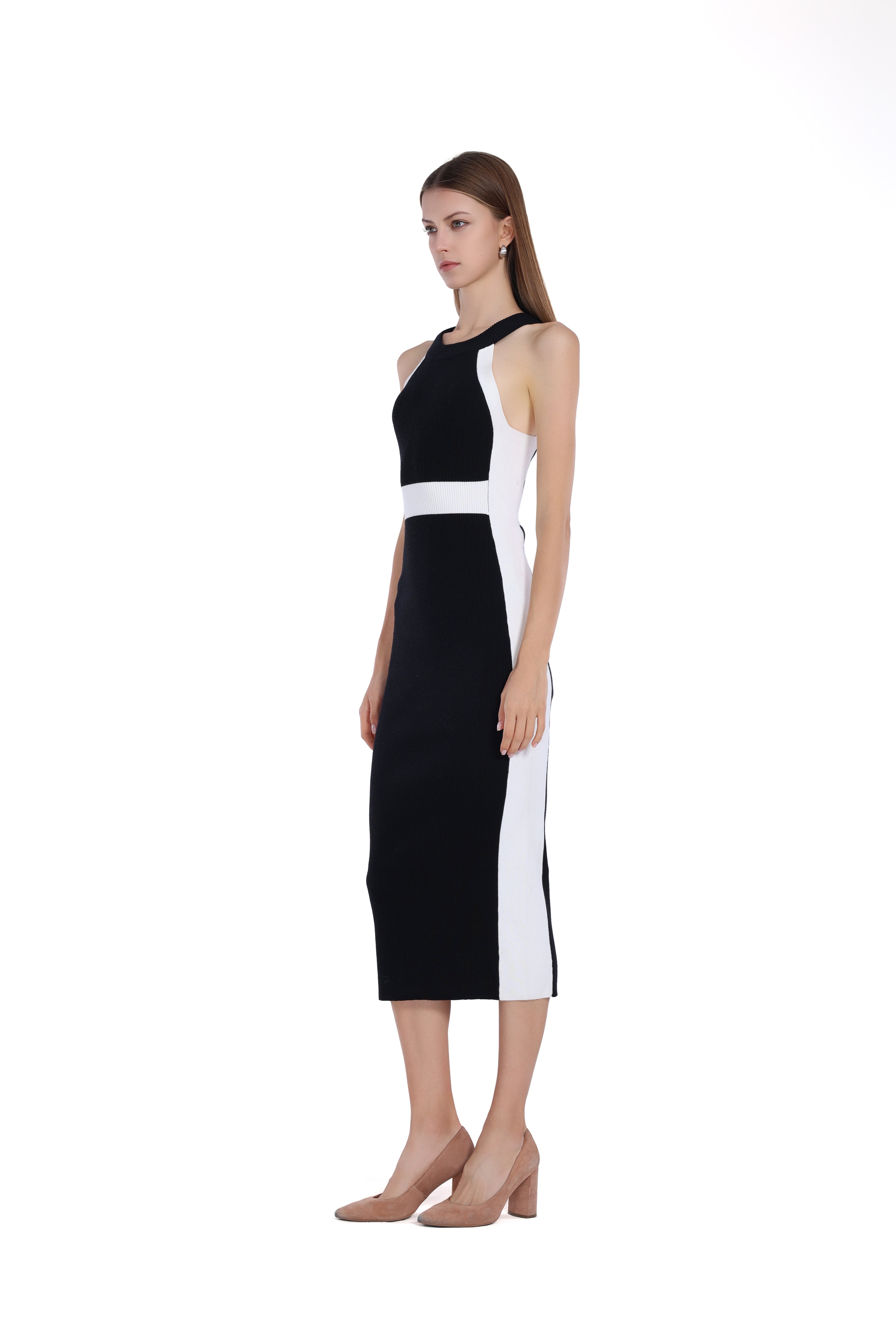 Sleeveless Crew-neck Black&White Paneled Bodycon Dress