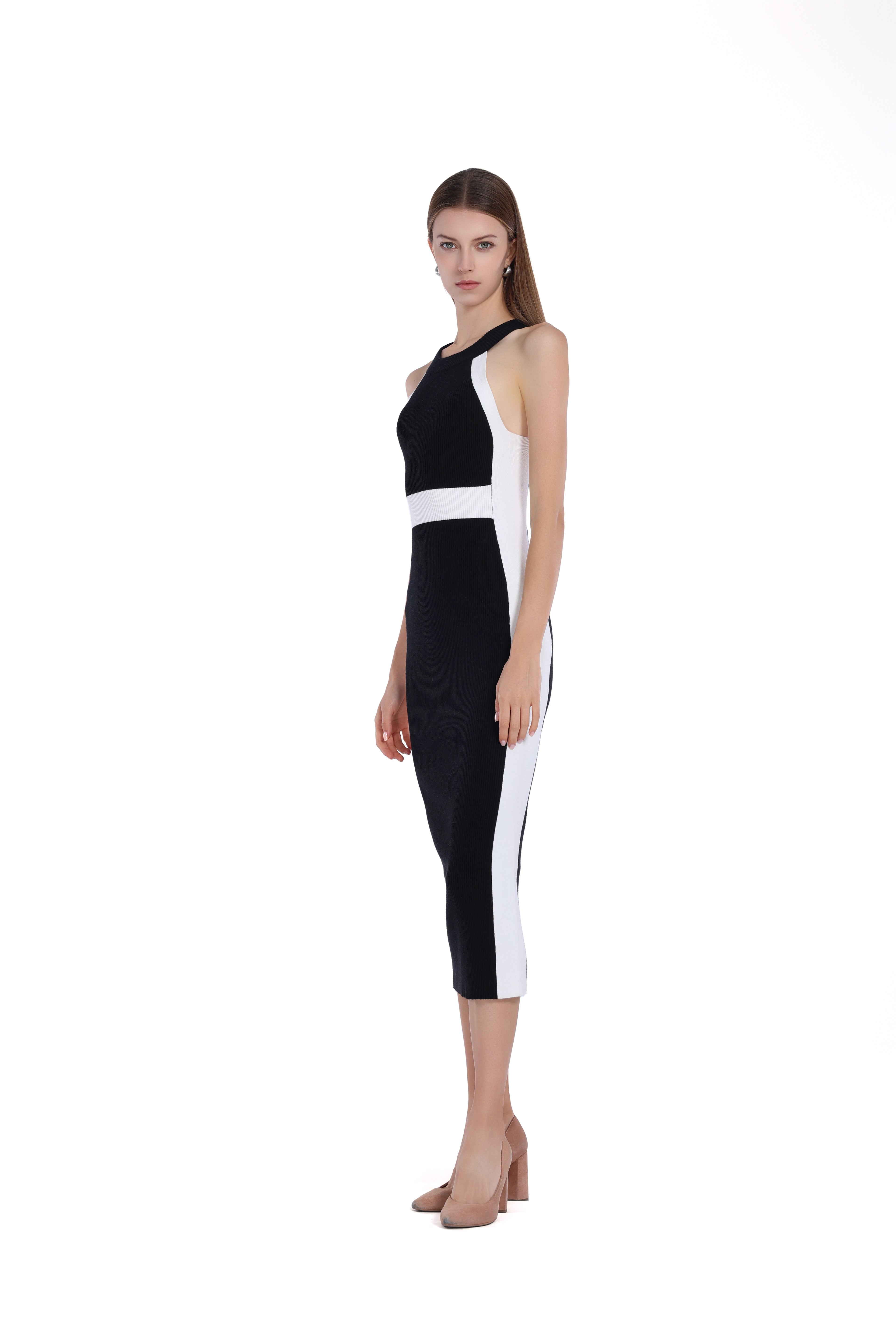 Sleeveless Crew-neck Black&White Paneled Bodycon Dress
