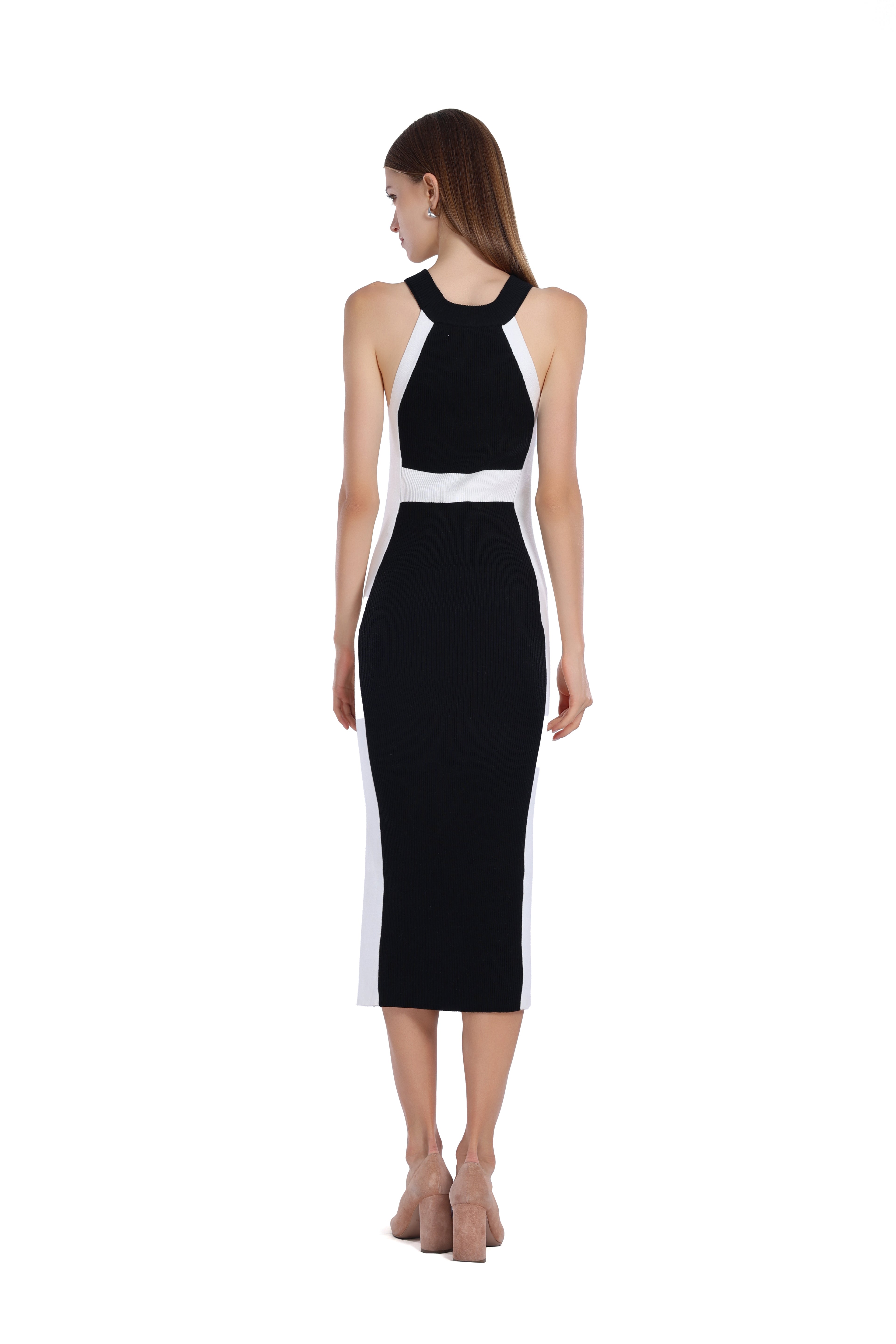 Sleeveless Crew-neck Black&White Paneled Bodycon Dress