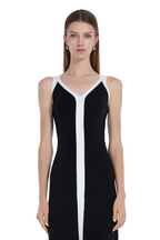 Wide Straps V-neck Sleeveless Contrast Trim Knitted Midi Dress