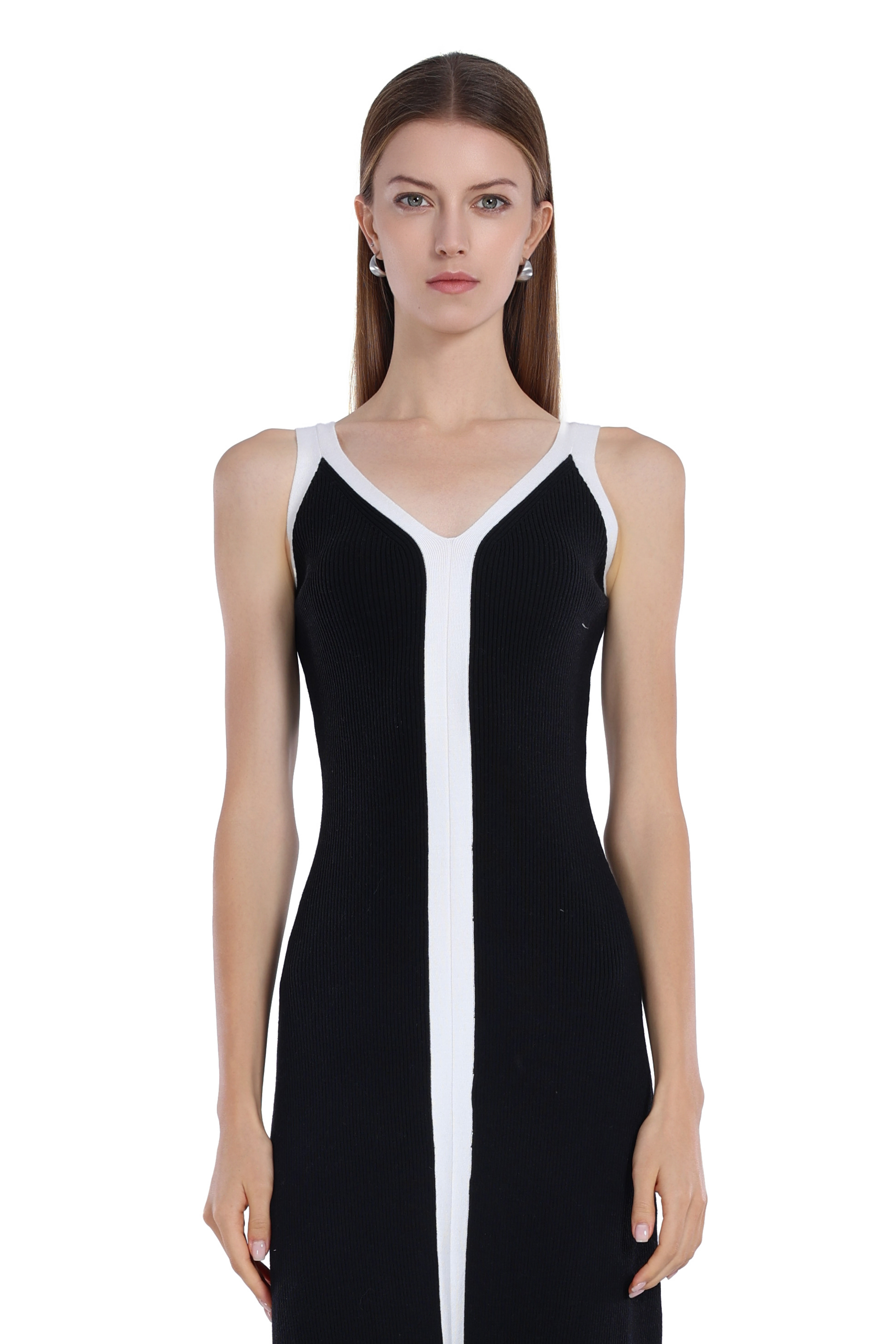 Wide Straps V-neck Sleeveless Contrast Trim Knitted Midi Dress