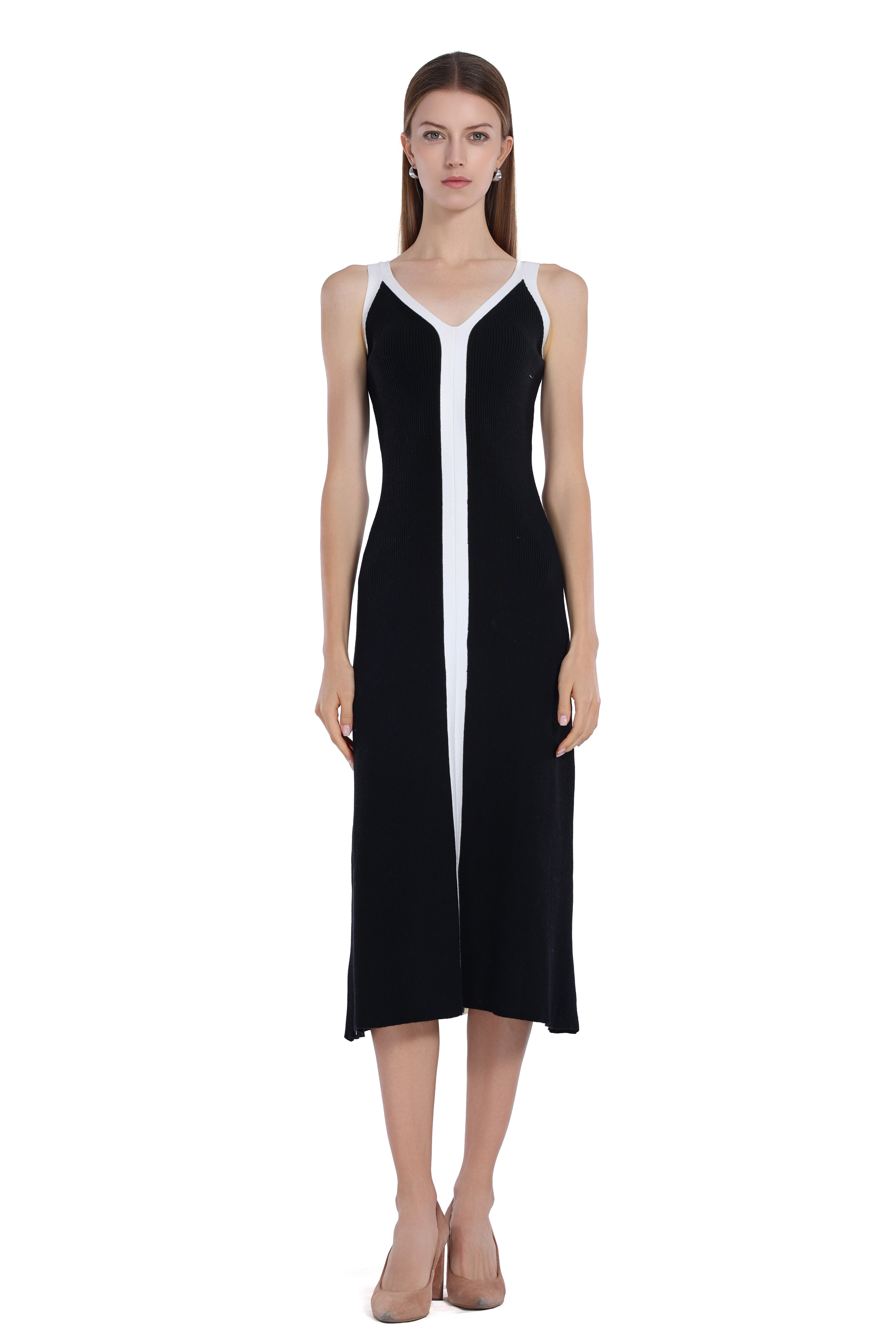 Wide Straps V-neck Sleeveless Contrast Trim Knitted Midi Dress