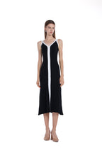 Wide Straps V-neck Sleeveless Contrast Trim Knitted Midi Dress