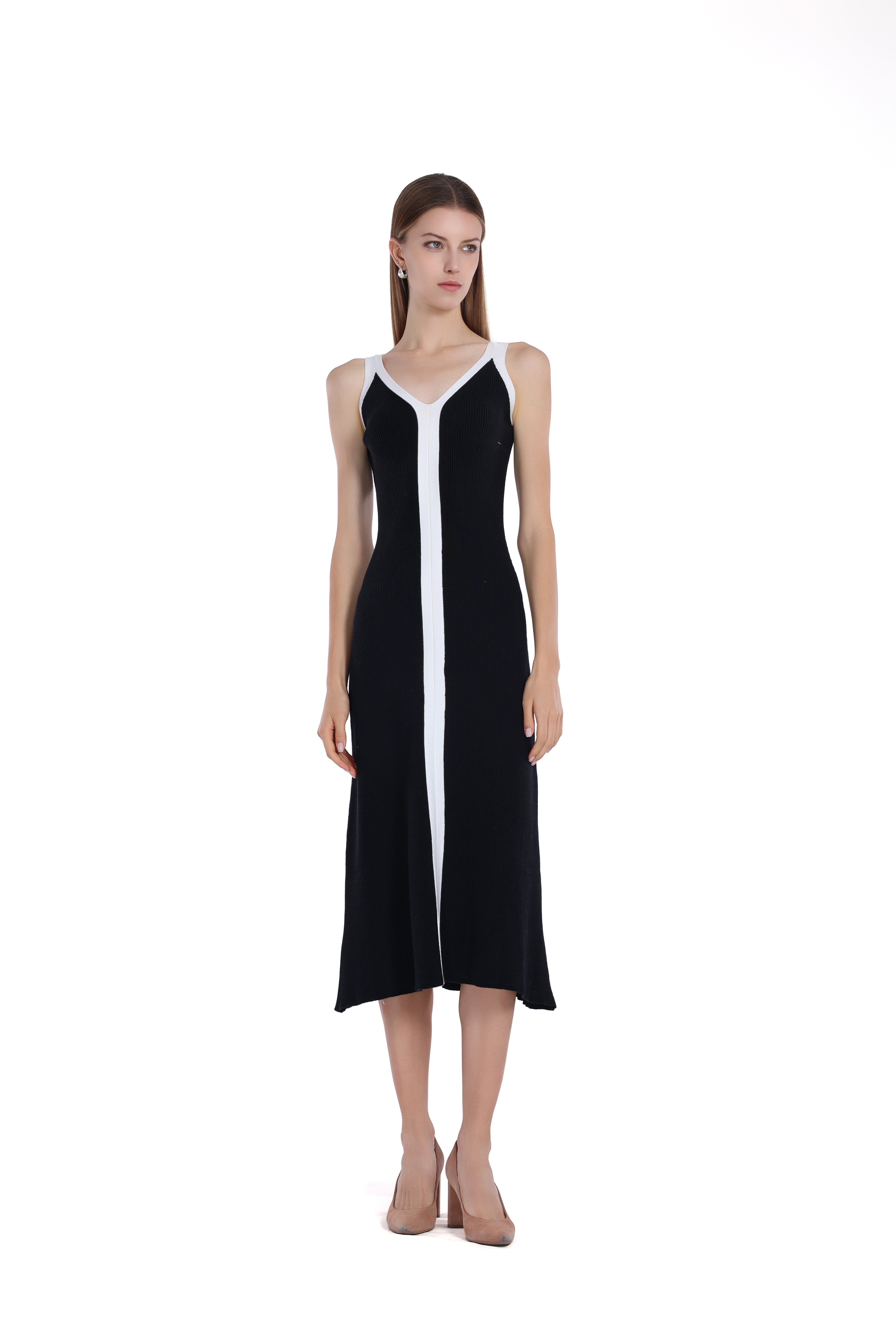 Wide Straps V-neck Sleeveless Contrast Trim Knitted Midi Dress