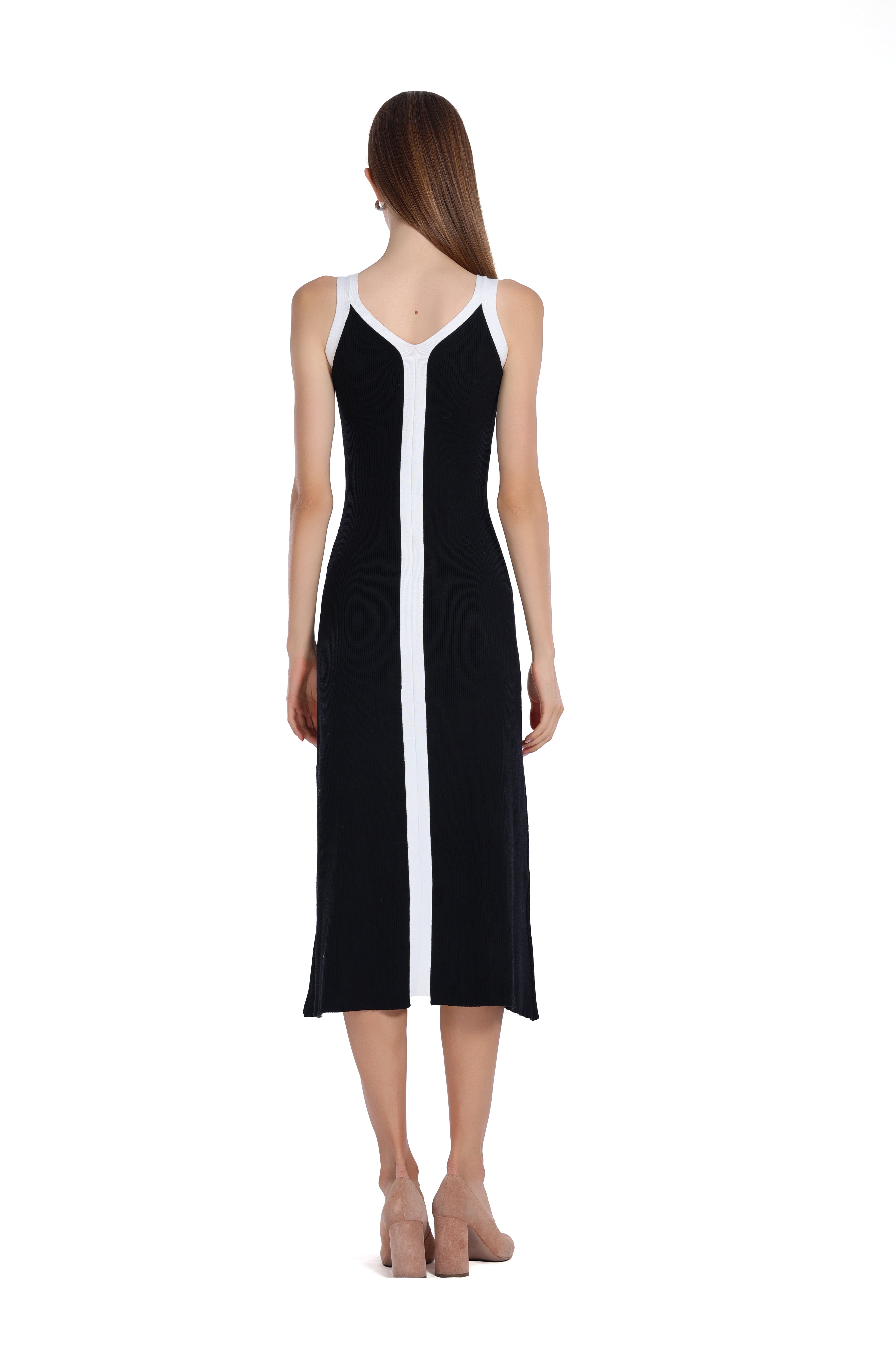 Wide Straps V-neck Sleeveless Contrast Trim Knitted Midi Dress