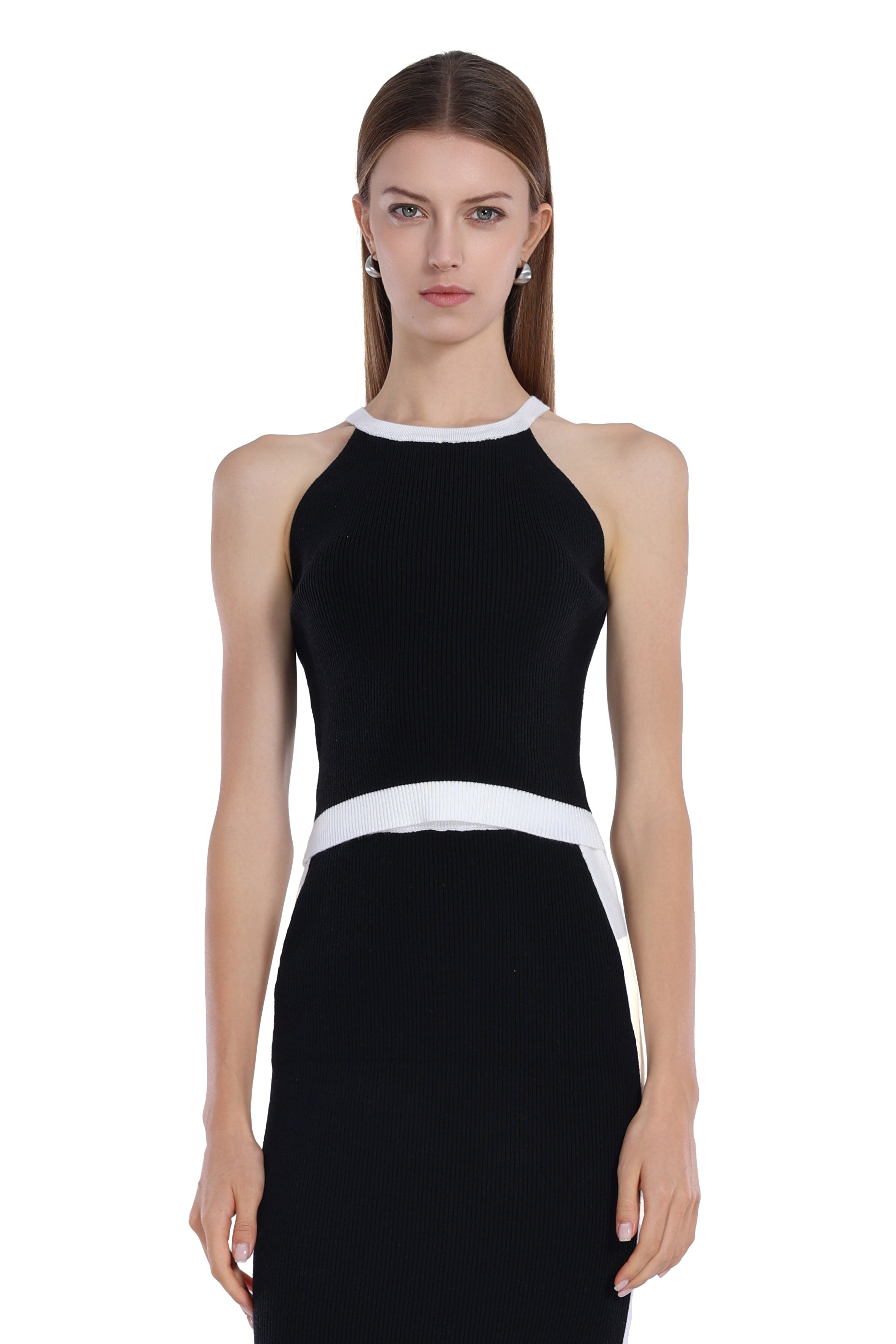 Sleeveless Contrast Trim Halter Top & Matching Skirt 2Pics Suit