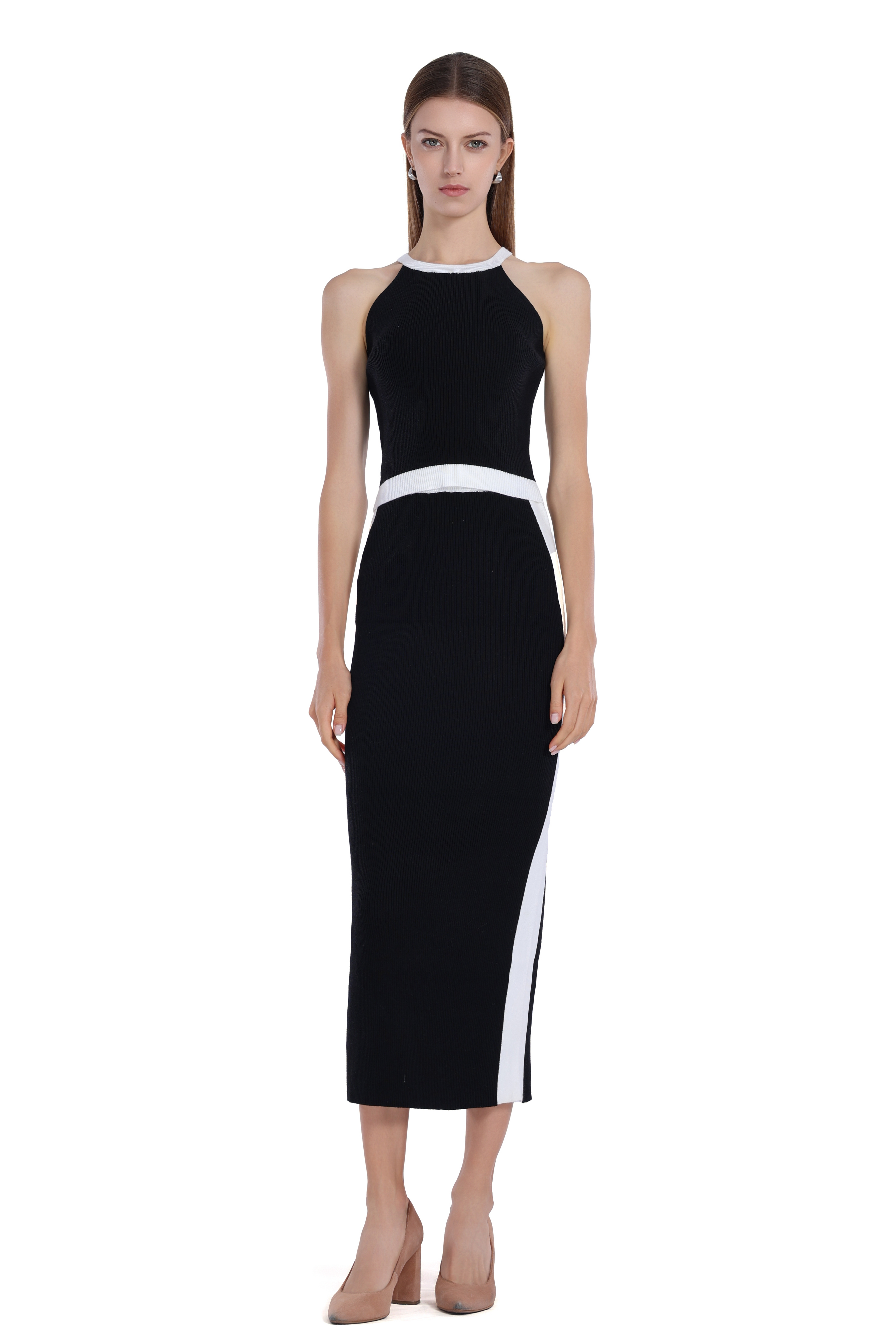 Sleeveless Contrast Trim Halter Top & Matching Skirt 2Pics Suit