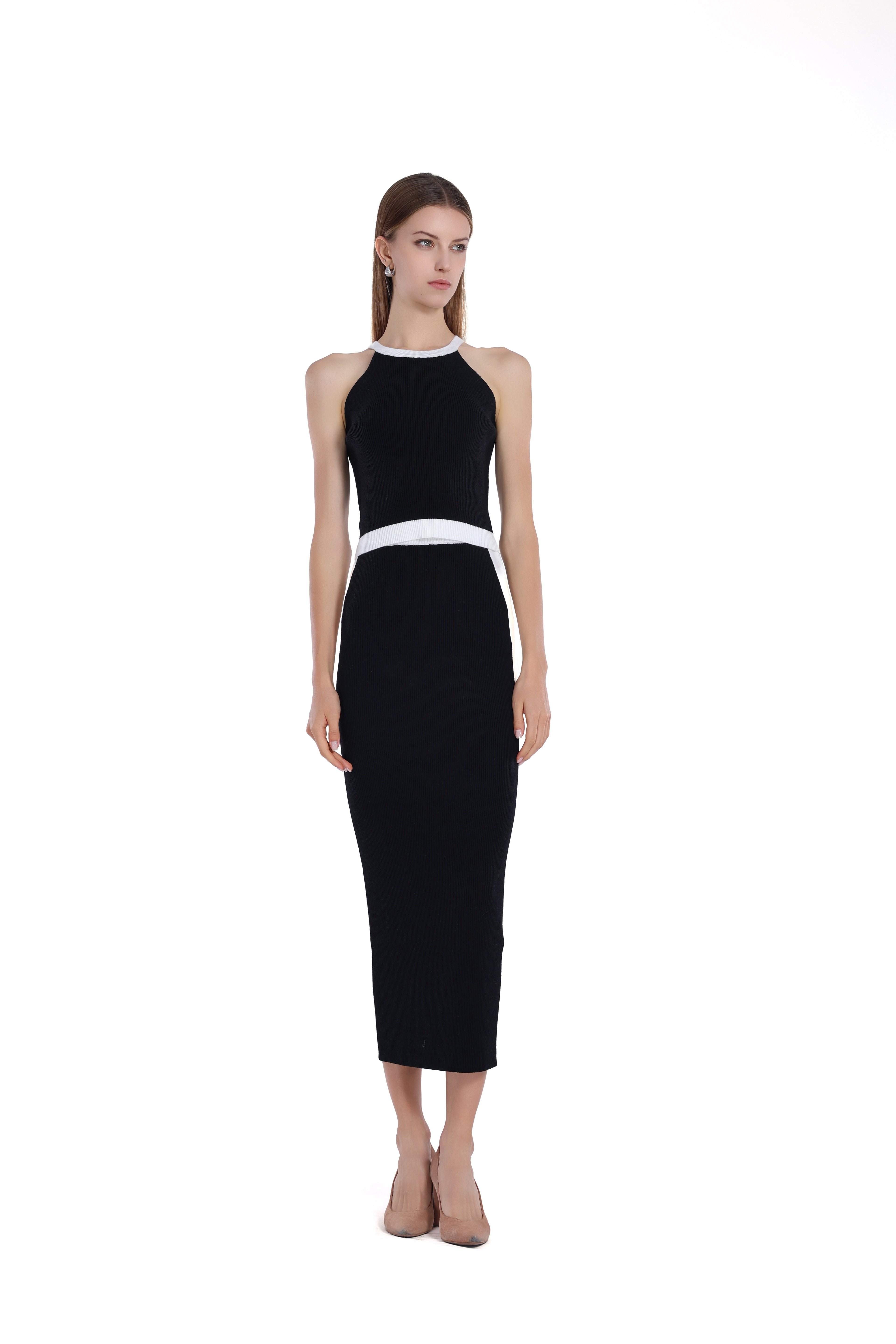 Sleeveless Contrast Trim Halter Top & Matching Skirt 2Pics Suit