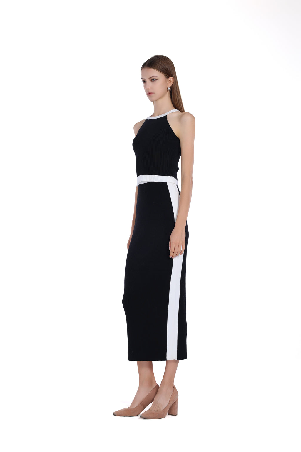 Sleeveless Contrast Trim Halter Top & Matching Skirt 2Pics Suit